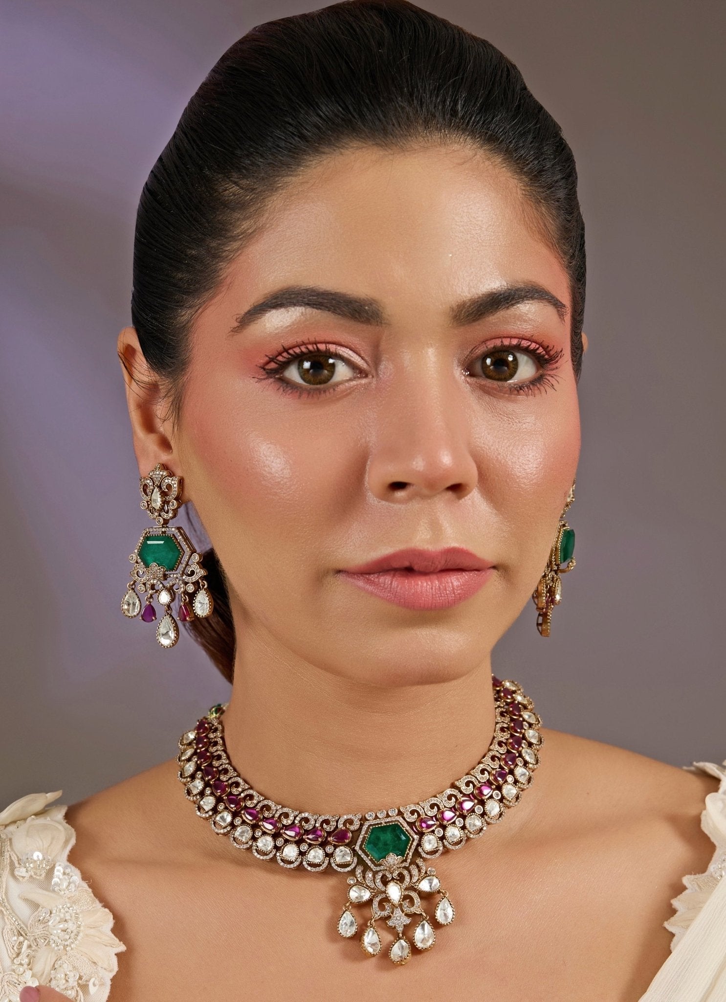 Vivinia by Vidhi Mehra Emerald Green And Pink Kundan Choker Necklace SetFabilicious Fashion