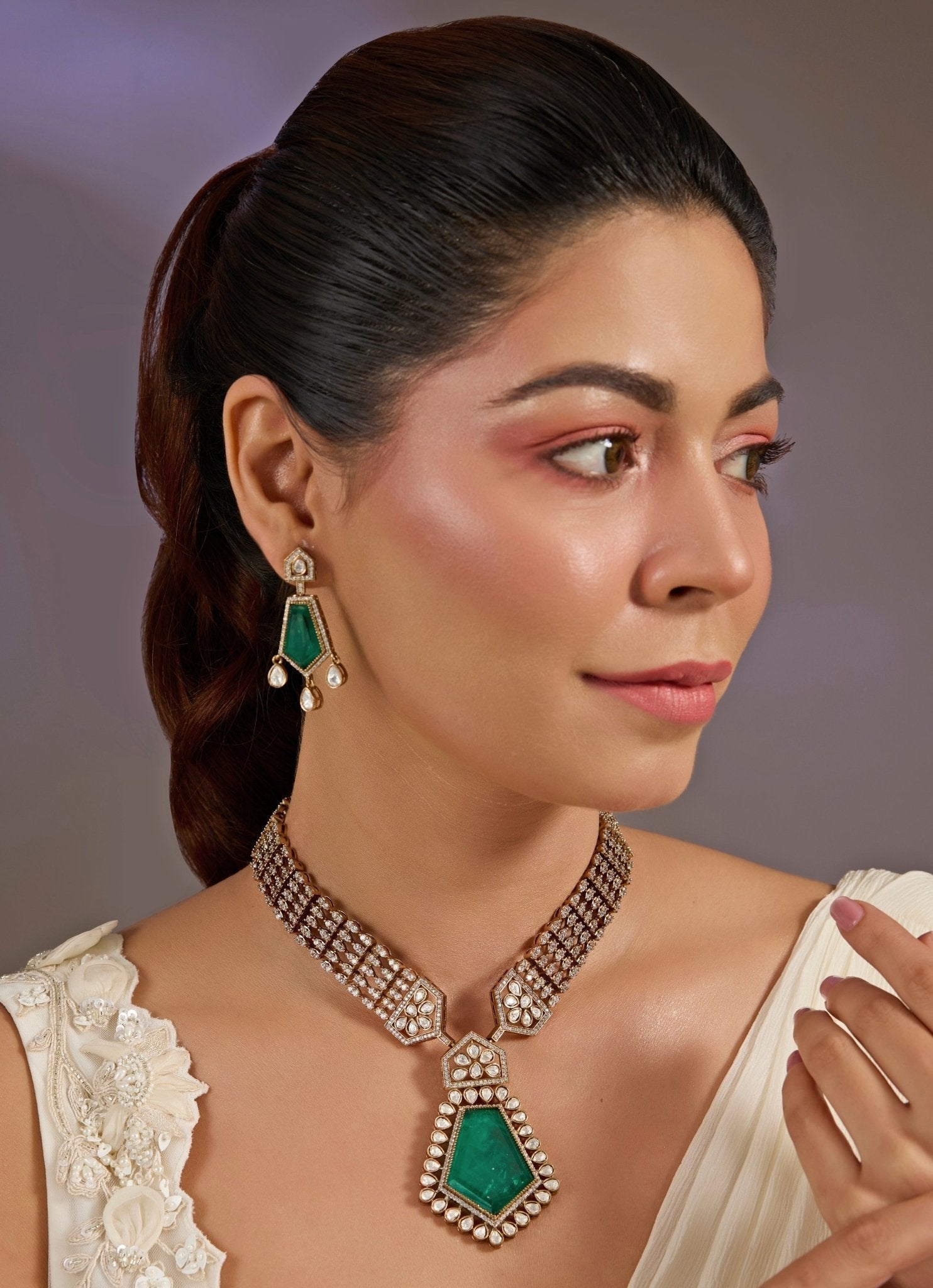 Vivinia by Vidhi Mehra Emerald Green Drop Kundan Necklace SetFabilicious Fashion