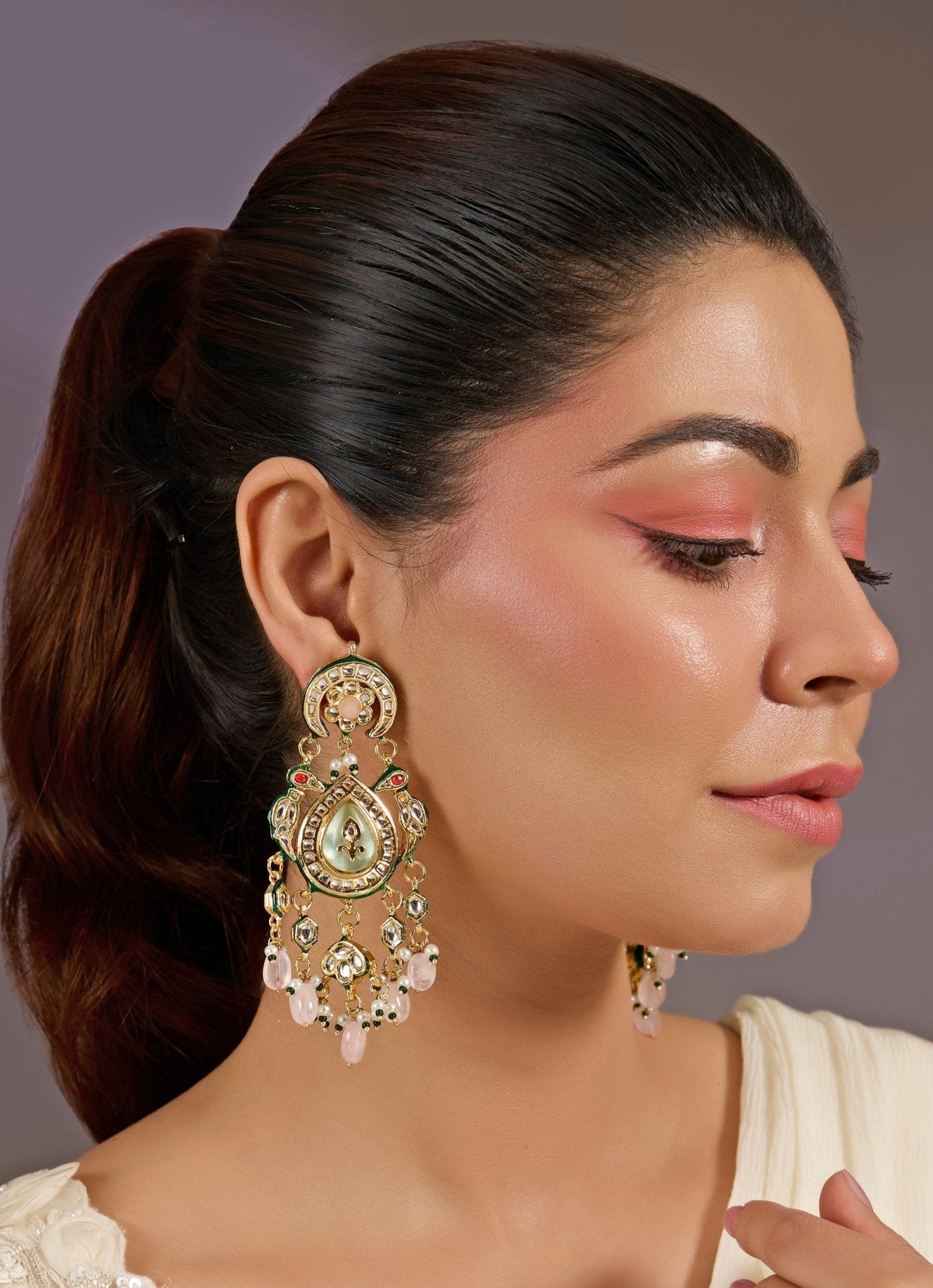 Vivinia by Vidhi Mehra Floral Pink Kundan Pearl Drop EarringsFabilicious Fashion