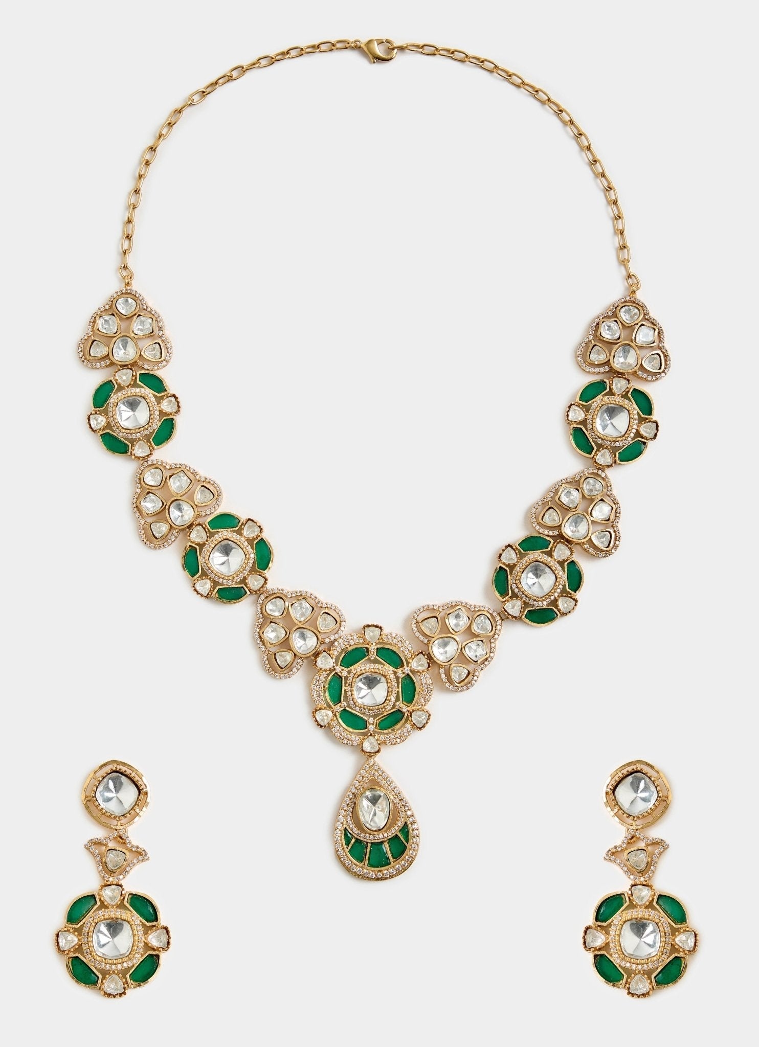 Vivinia by Vidhi Mehra Gold And Emerald Green Kundan Necklace SetFabilicious Fashion