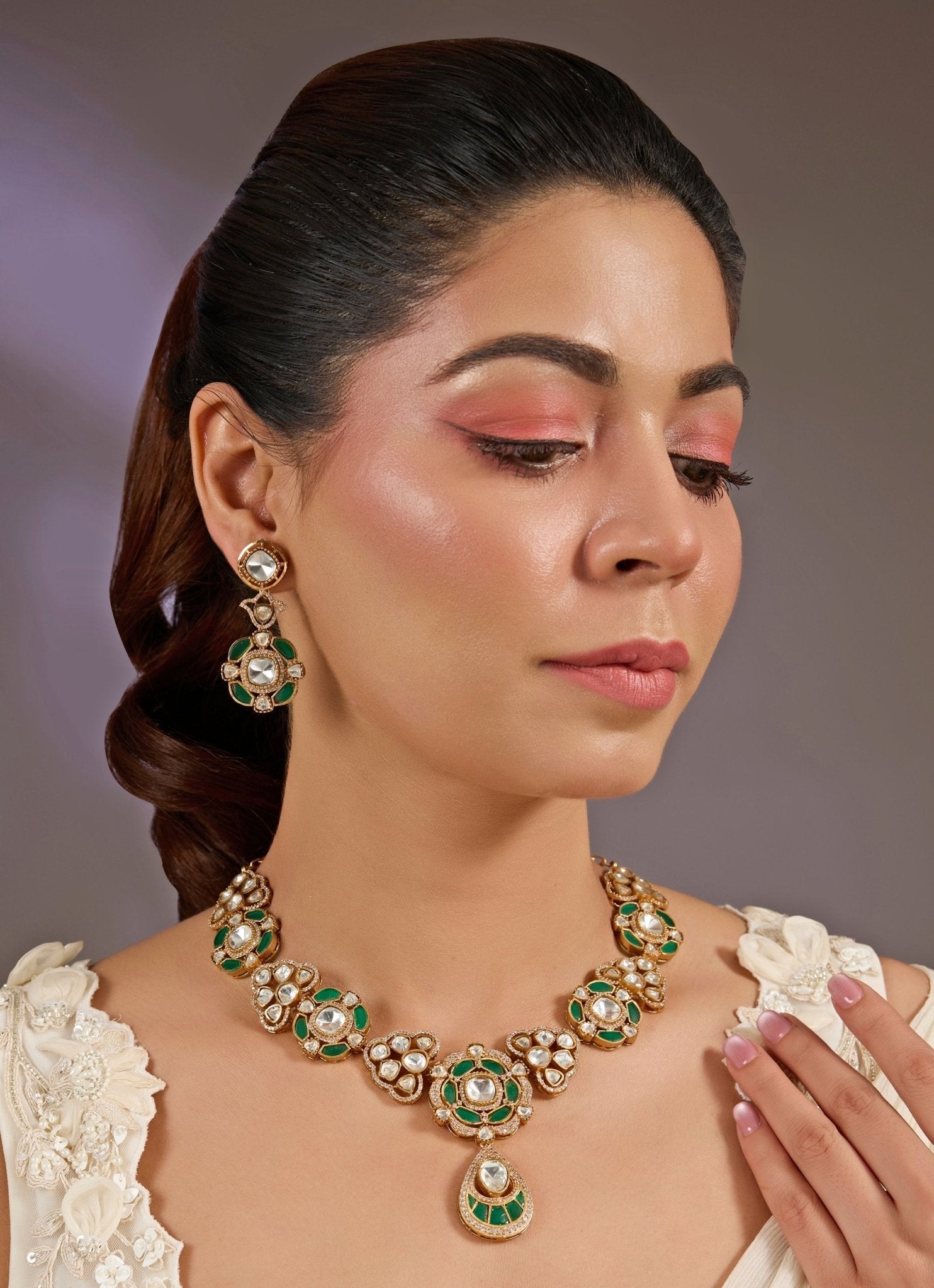 Vivinia by Vidhi Mehra Gold And Emerald Green Kundan Necklace SetFabilicious Fashion