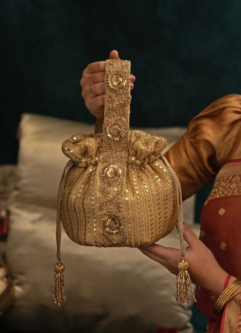 Amyra Gold Embroidered Georgette PotliShop Jashn