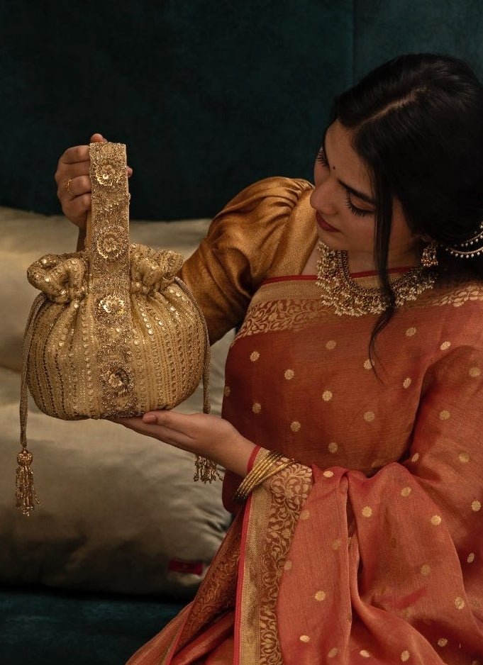 Amyra Gold Embroidered Georgette PotliShop Jashn