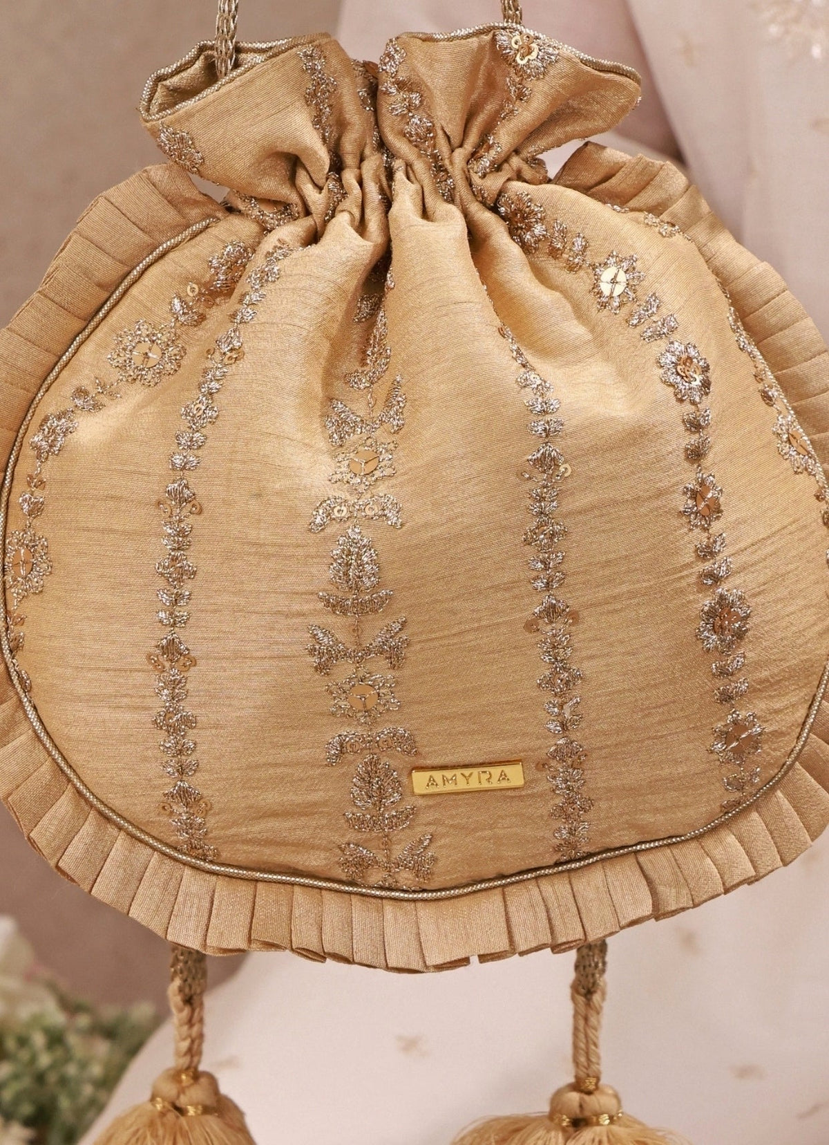 Amyra Gold Embroidered Silk Pleated PotliShop Jashn
