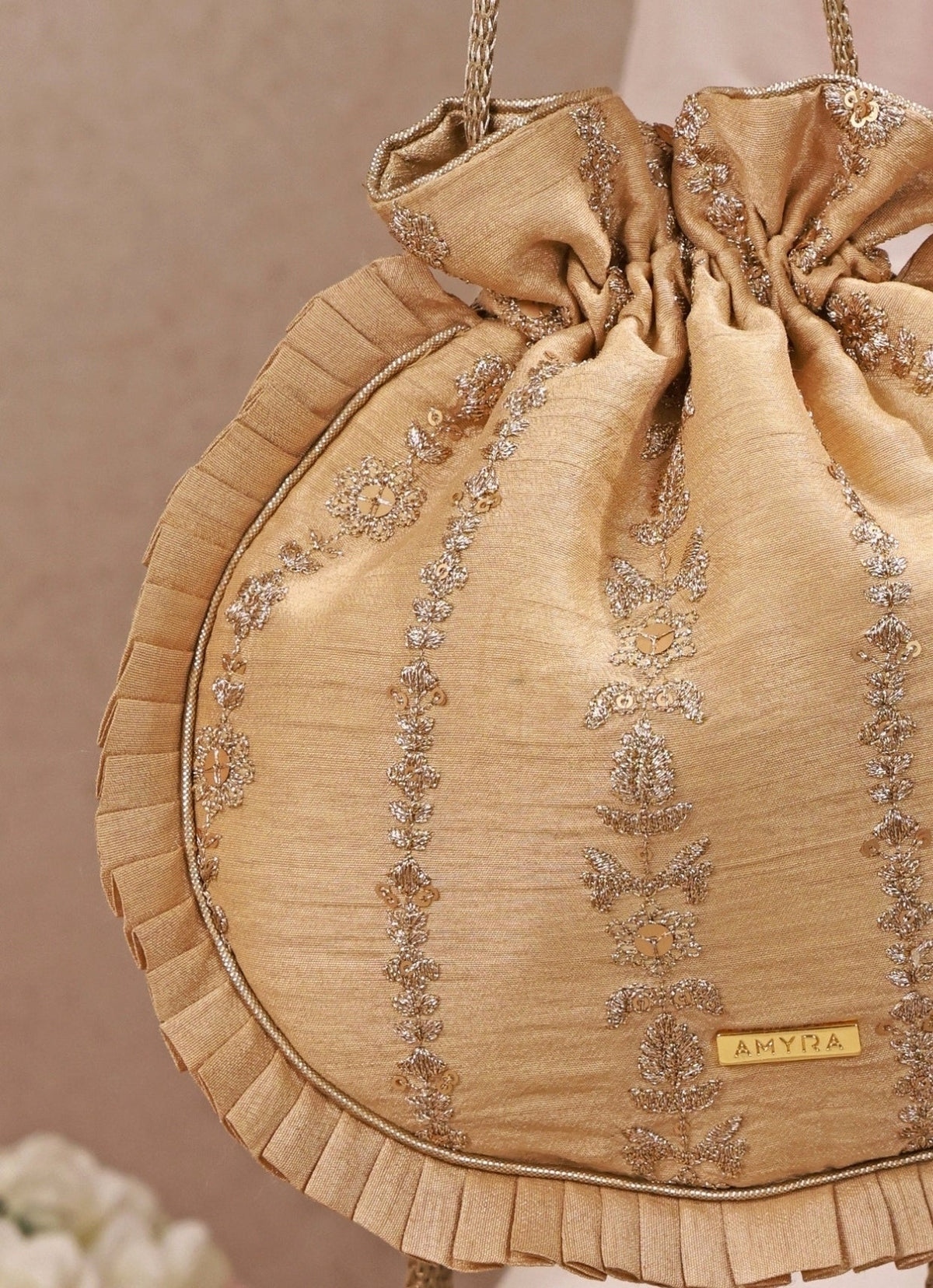 Amyra Gold Embroidered Silk Pleated PotliShop Jashn