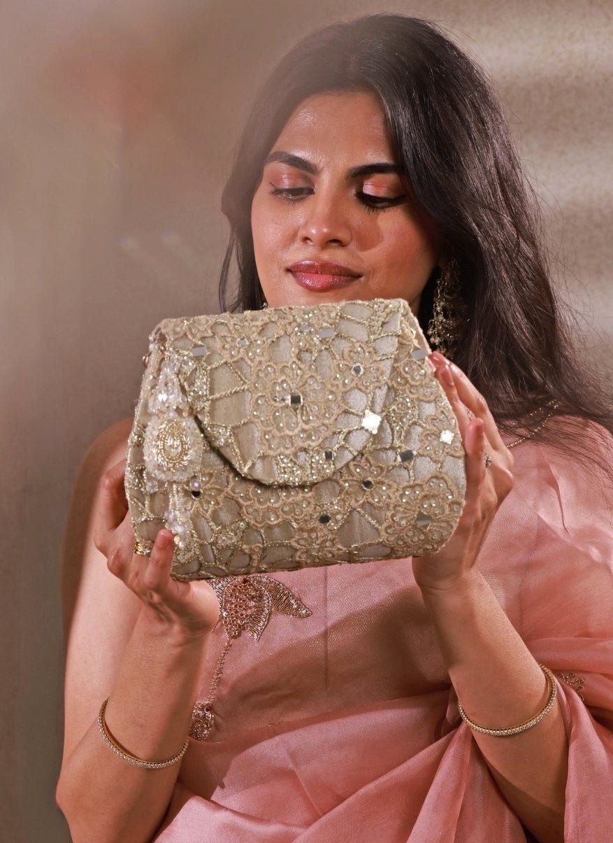 Amyra Gold Embroidered Tissue Flapover BagShop Jashn