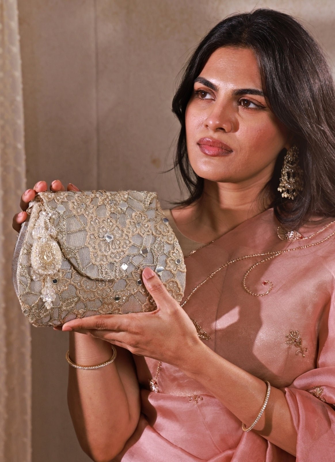 Amyra Gold Embroidered Tissue Flapover BagShop Jashn