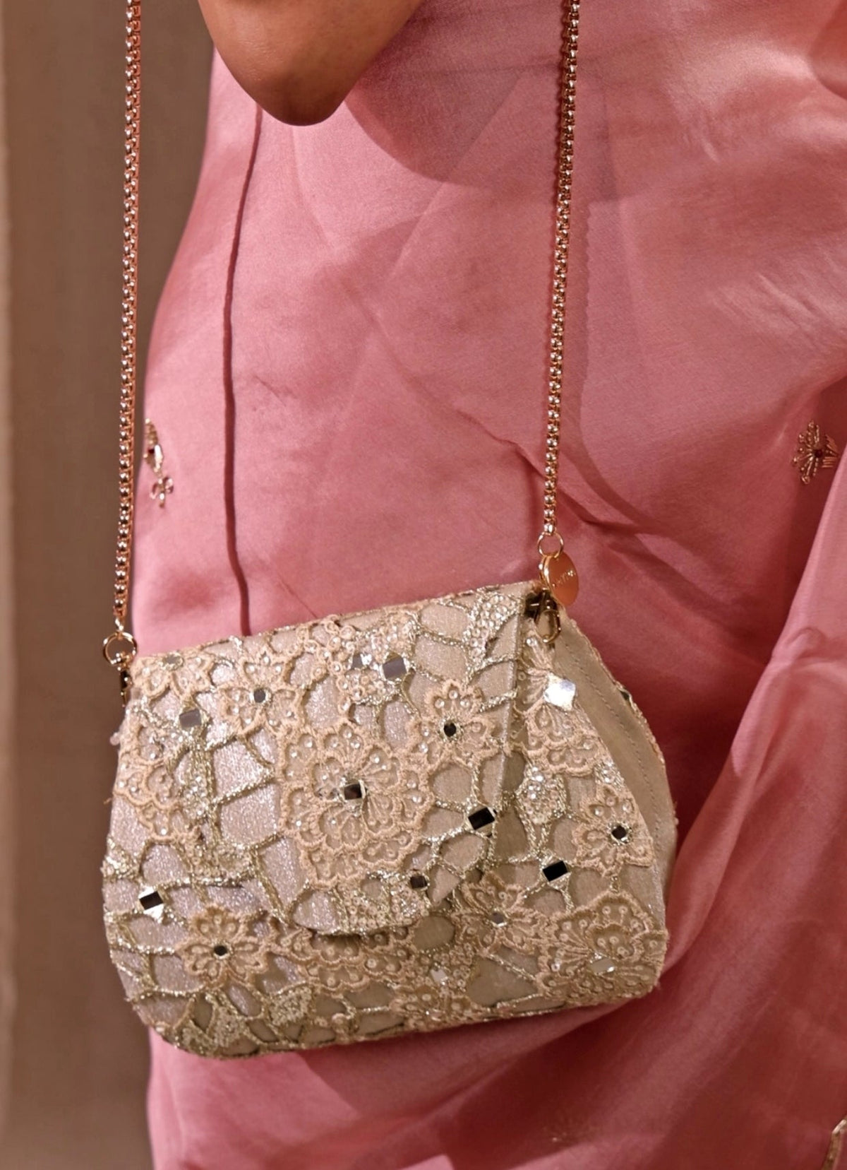 Amyra Gold Embroidered Tissue Flapover BagShop Jashn