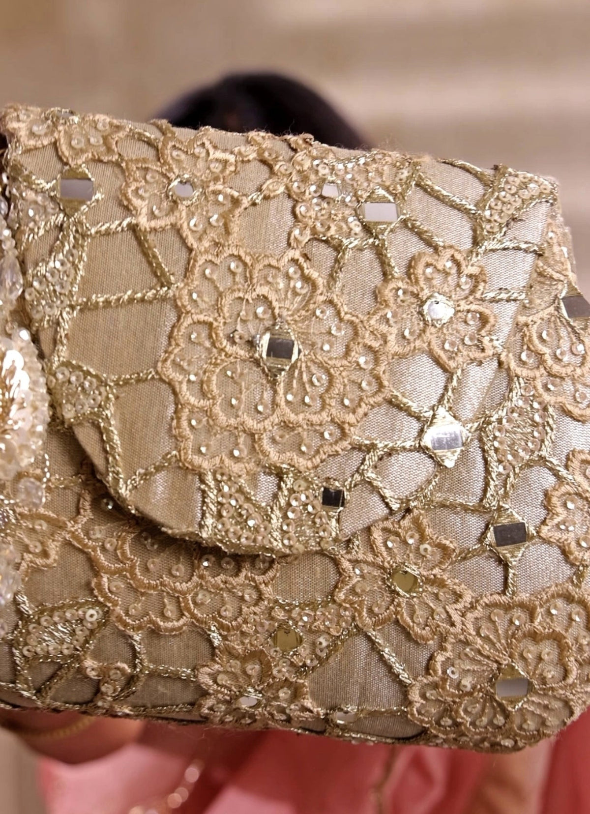 Amyra Gold Embroidered Tissue Flapover BagShop Jashn