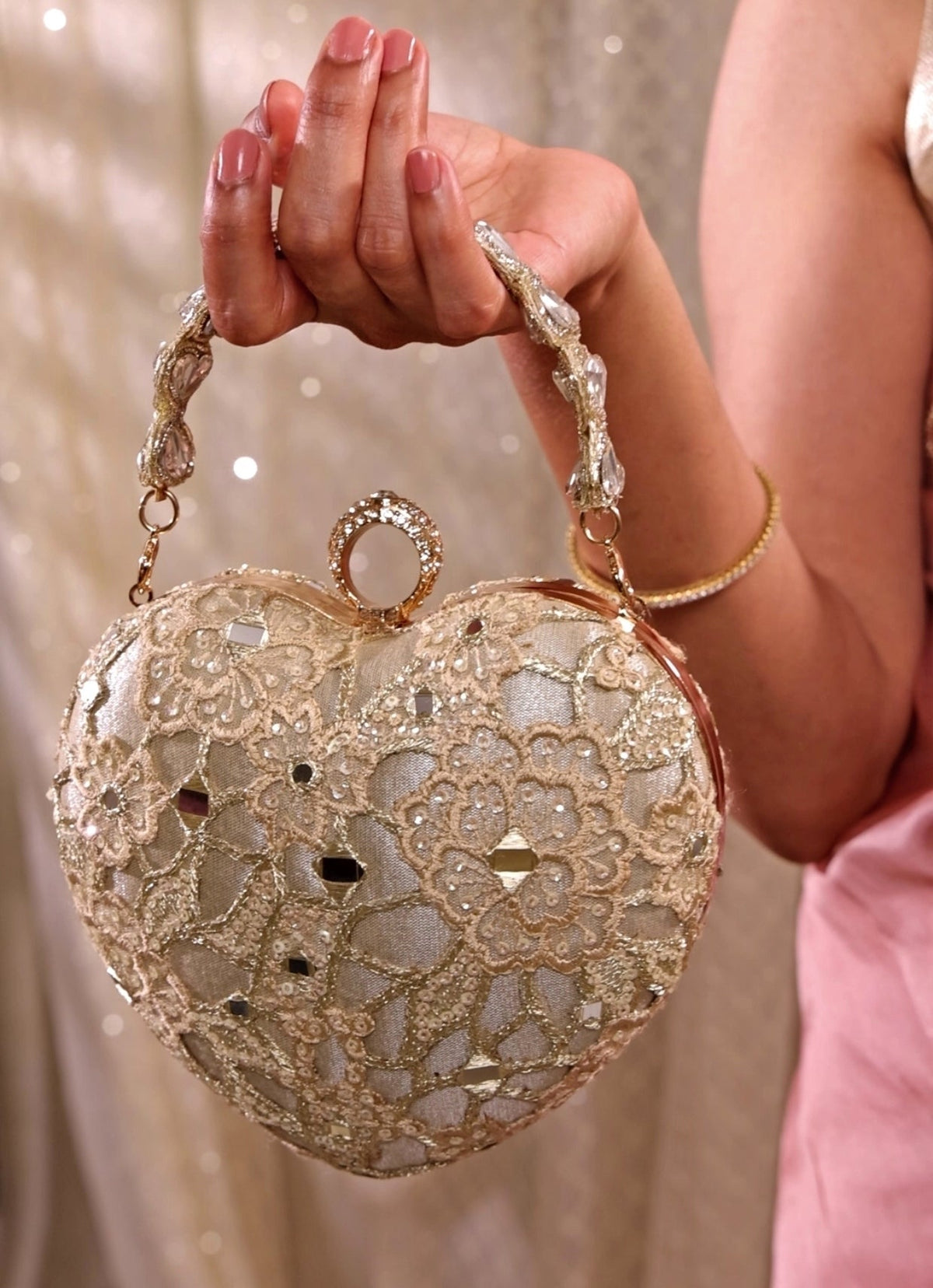 Amyra Gold Embroidered Tissue Heart ClutchShop Jashn
