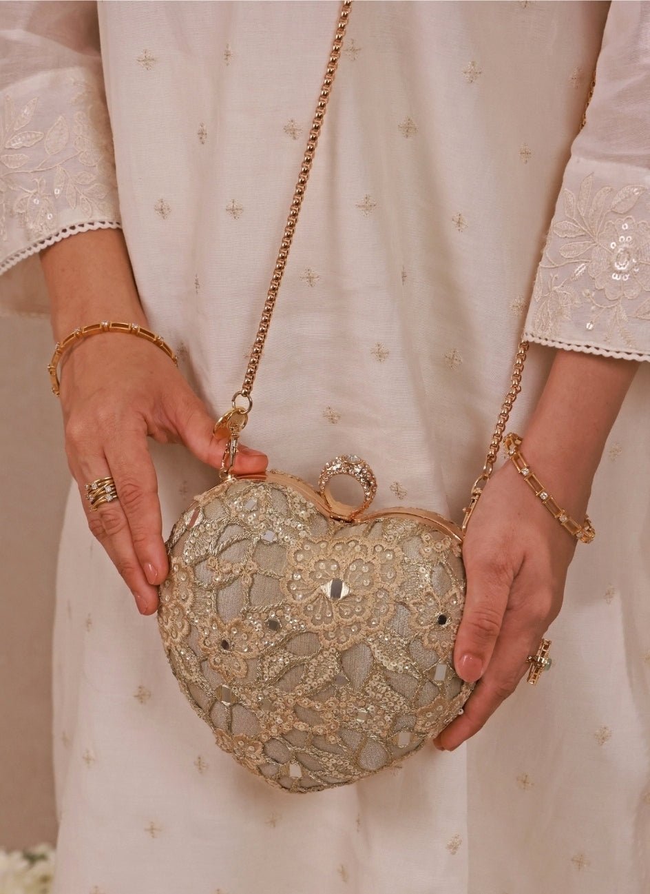 Amyra Gold Embroidered Tissue Heart ClutchShop Jashn