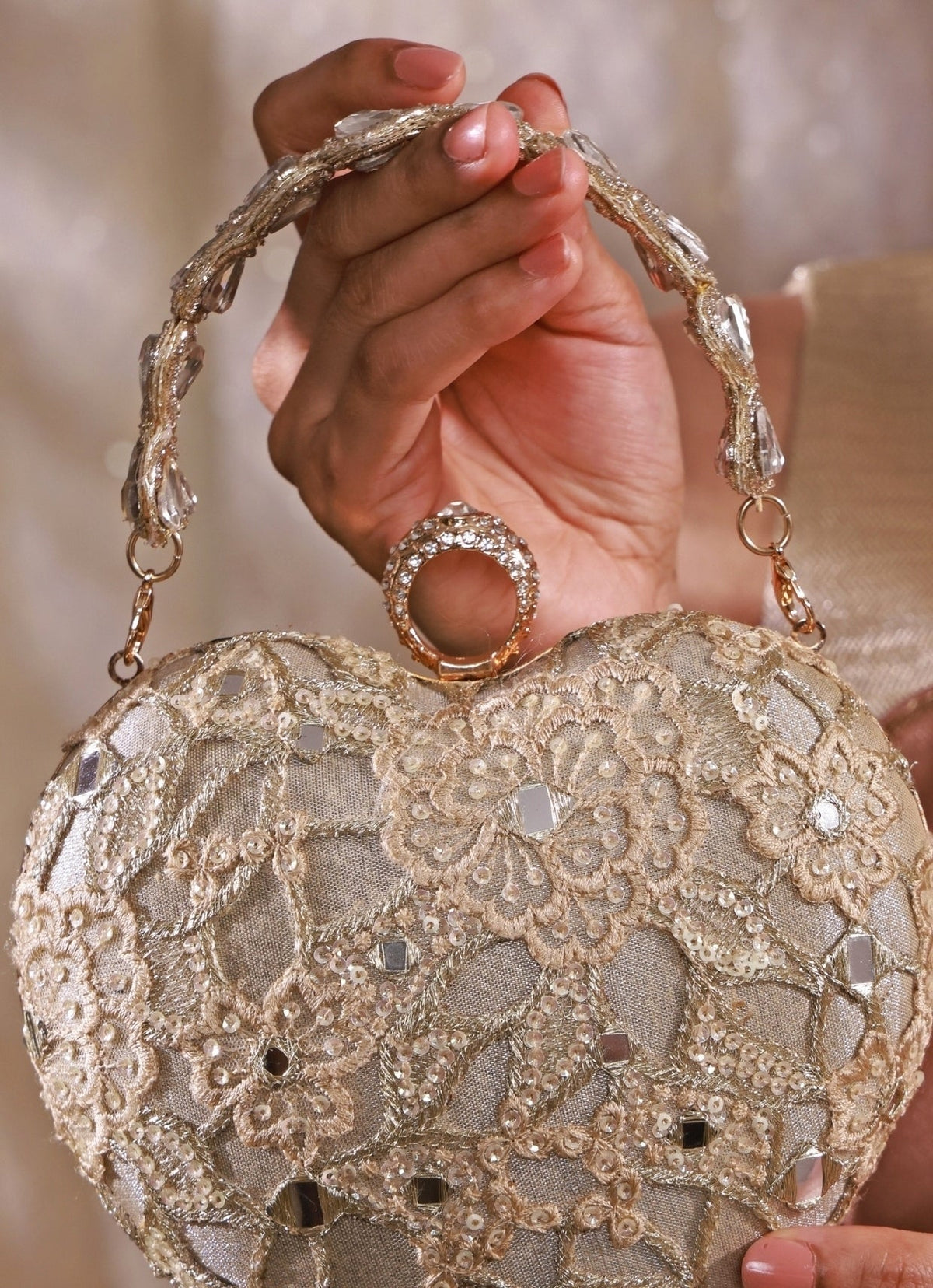 Amyra Gold Embroidered Tissue Heart ClutchShop Jashn