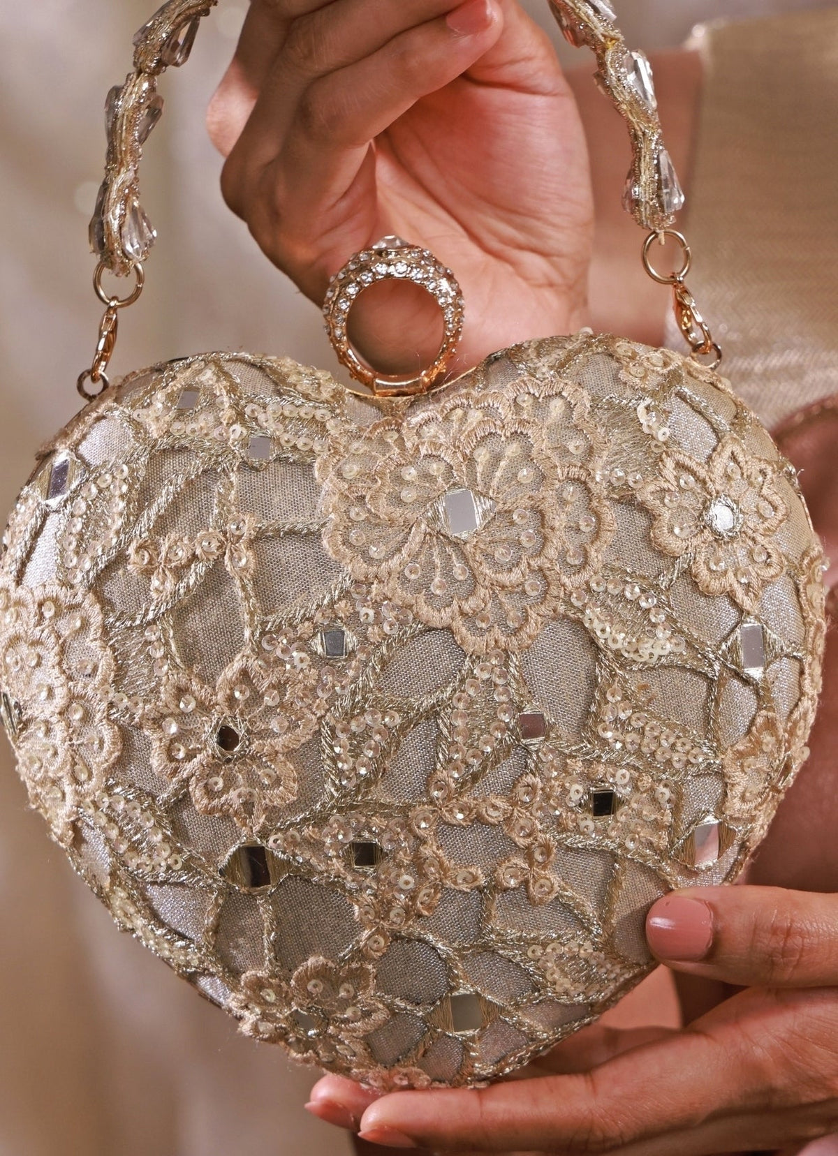 Amyra Gold Embroidered Tissue Heart ClutchShop Jashn