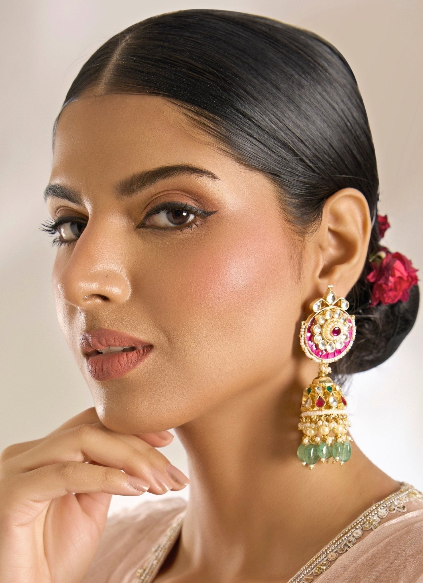 Vivinia by Vidhi Mehra Gold Finish Pink And Green Stone Jhumka EarringsFabilicious Fashion
