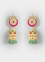 Vivinia by Vidhi Mehra Gold Finish Pink And Green Stone Jhumka EarringsFabilicious Fashion