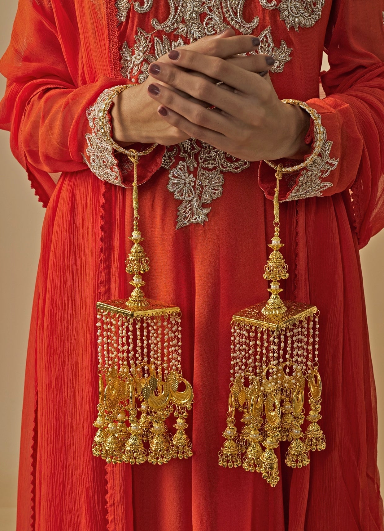 Vivinia by Vidhi Mehra Gold Plated Bridal Floral Kaleeras With Jhumka HangingsFabilicious Fashion