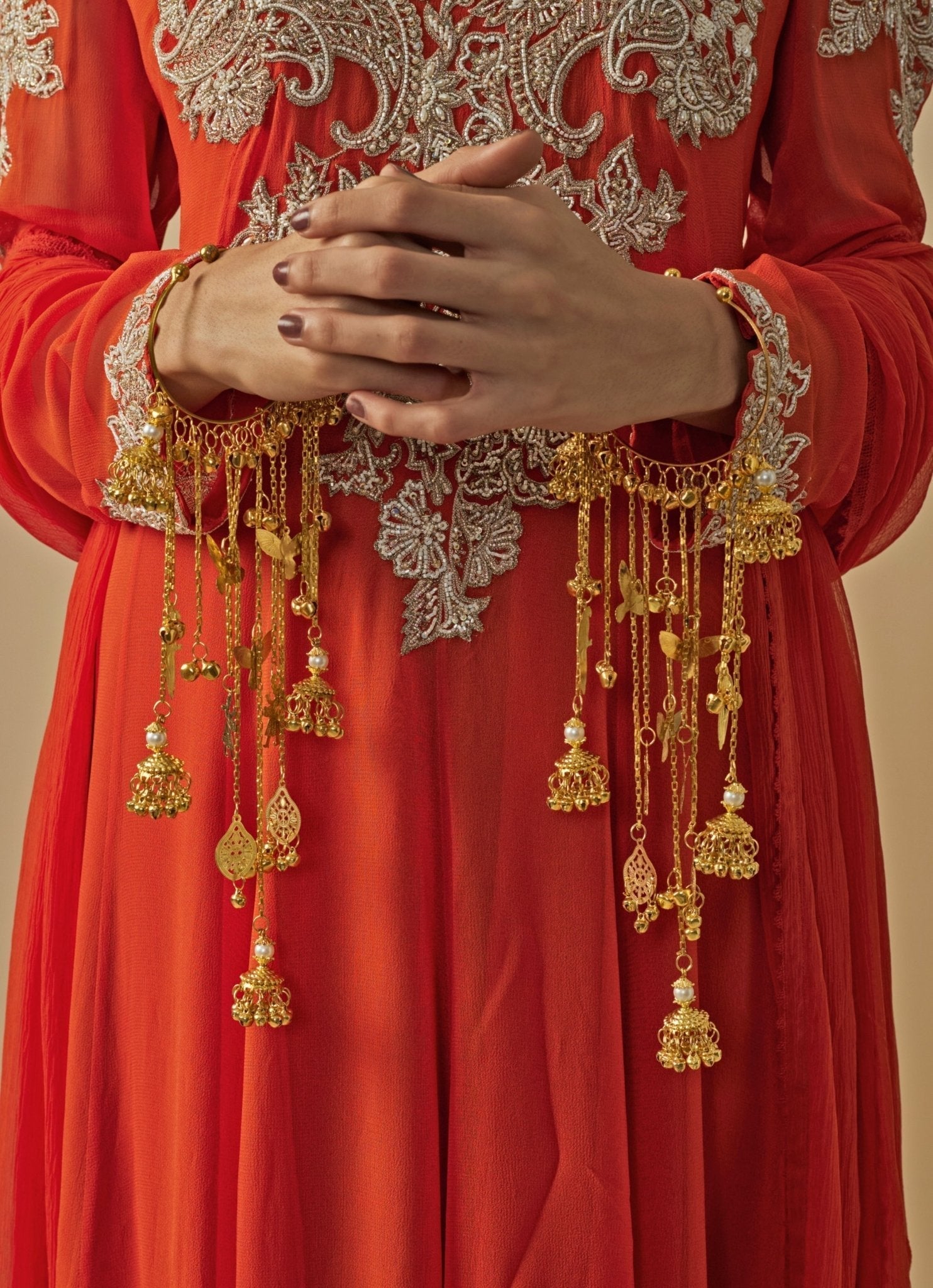 Vivinia by Vidhi Mehra Gold Plated Bridal Kaleeras With Dangling Jhumka HangingsFabilicious Fashion