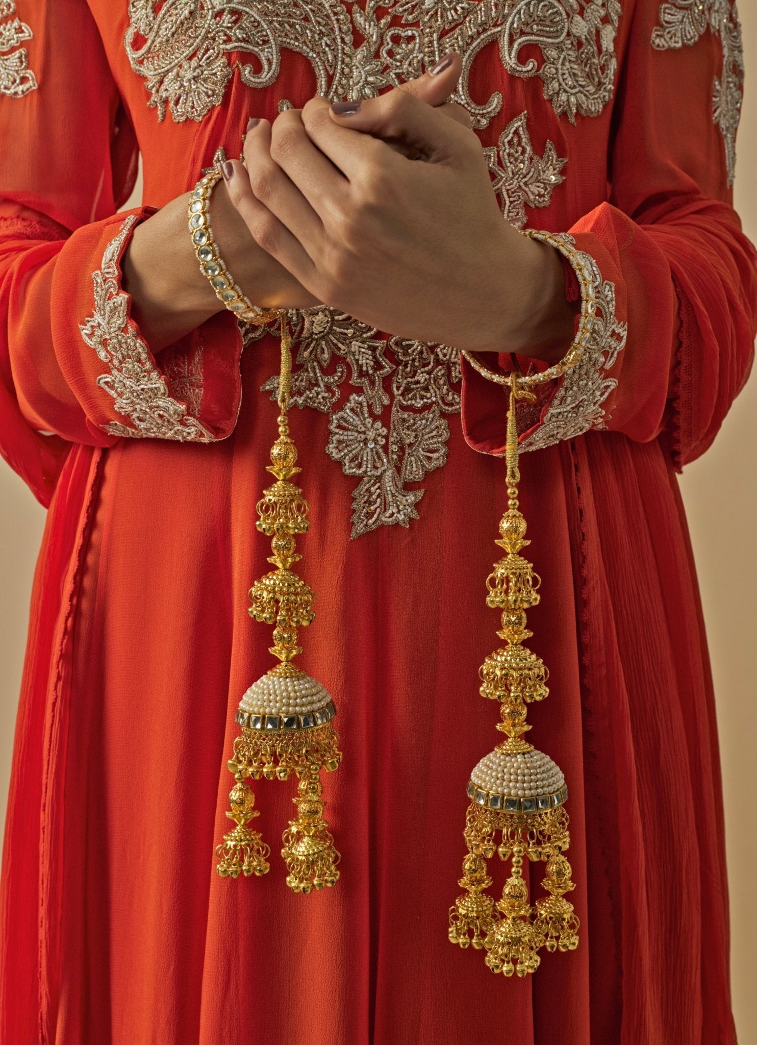 Vivinia by Vidhi Mehra Gold Plated Bridal Kaleeras With Jhumka HangingsFabilicious Fashion