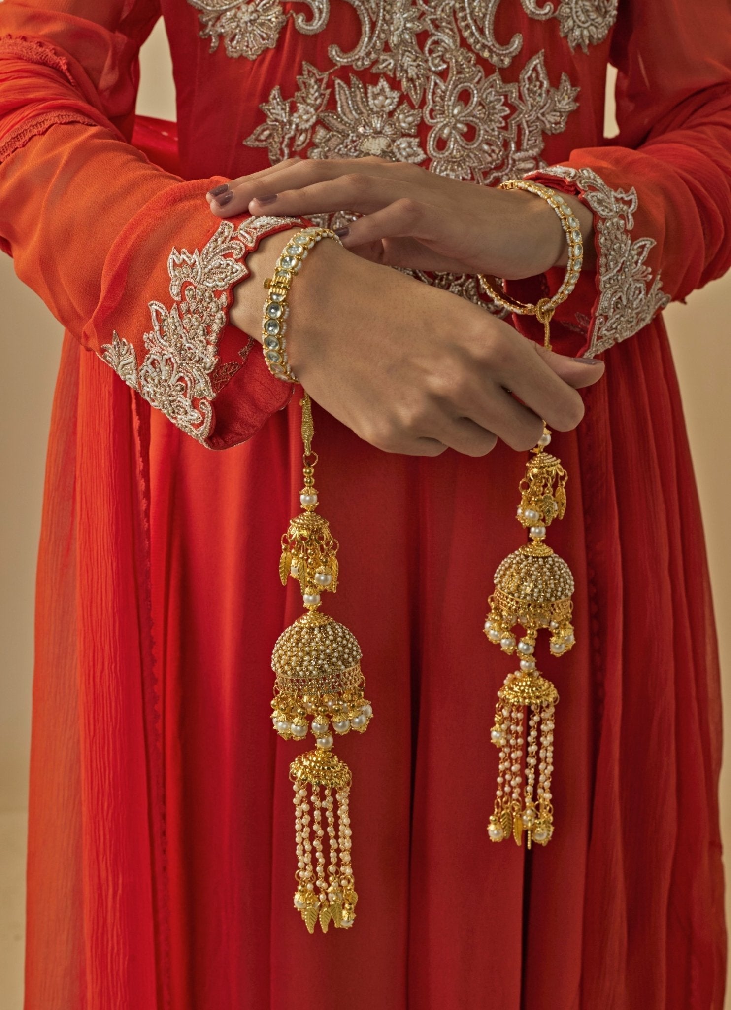 Vivinia by Vidhi Mehra Gold Plated Bridal Kaleeras With Pearl HangingsFabilicious Fashion