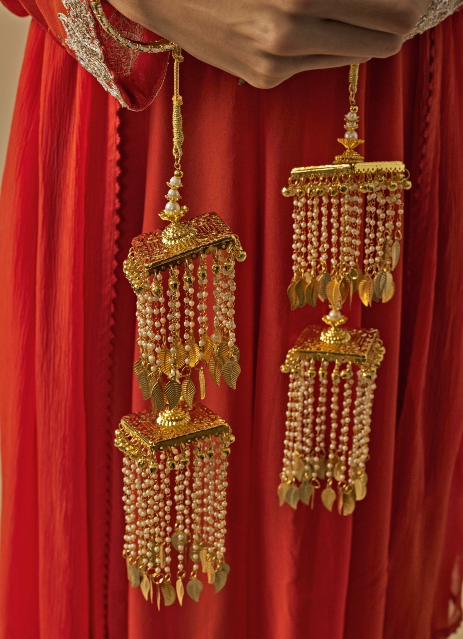 Vivinia by Vidhi Mehra Gold Plated Bridal Kaleeras With Pearl Leaf HangingsFabilicious Fashion