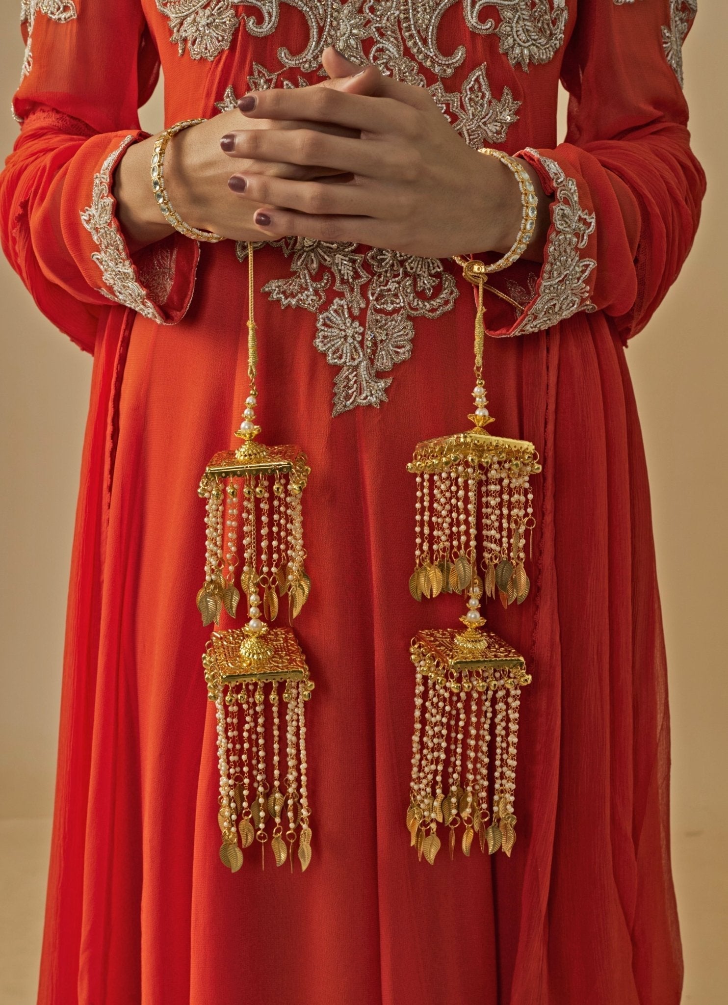 Vivinia by Vidhi Mehra Gold Plated Bridal Kaleeras With Pearl Leaf HangingsFabilicious Fashion