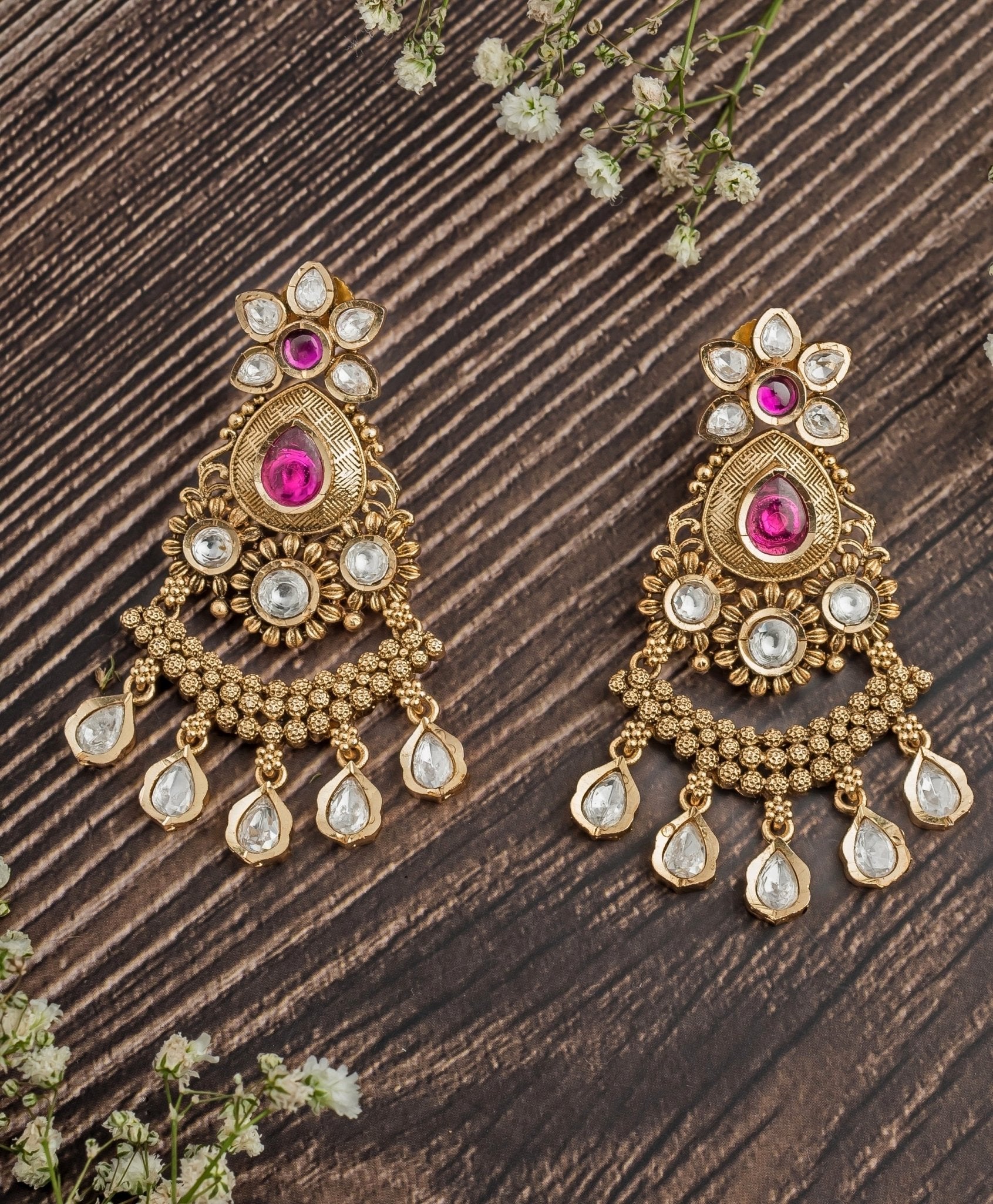 Vivinia by Vidhi Mehra Gold Plated Floral Pink And White Teardrop Chandbali EarringsFabilicious Fashion