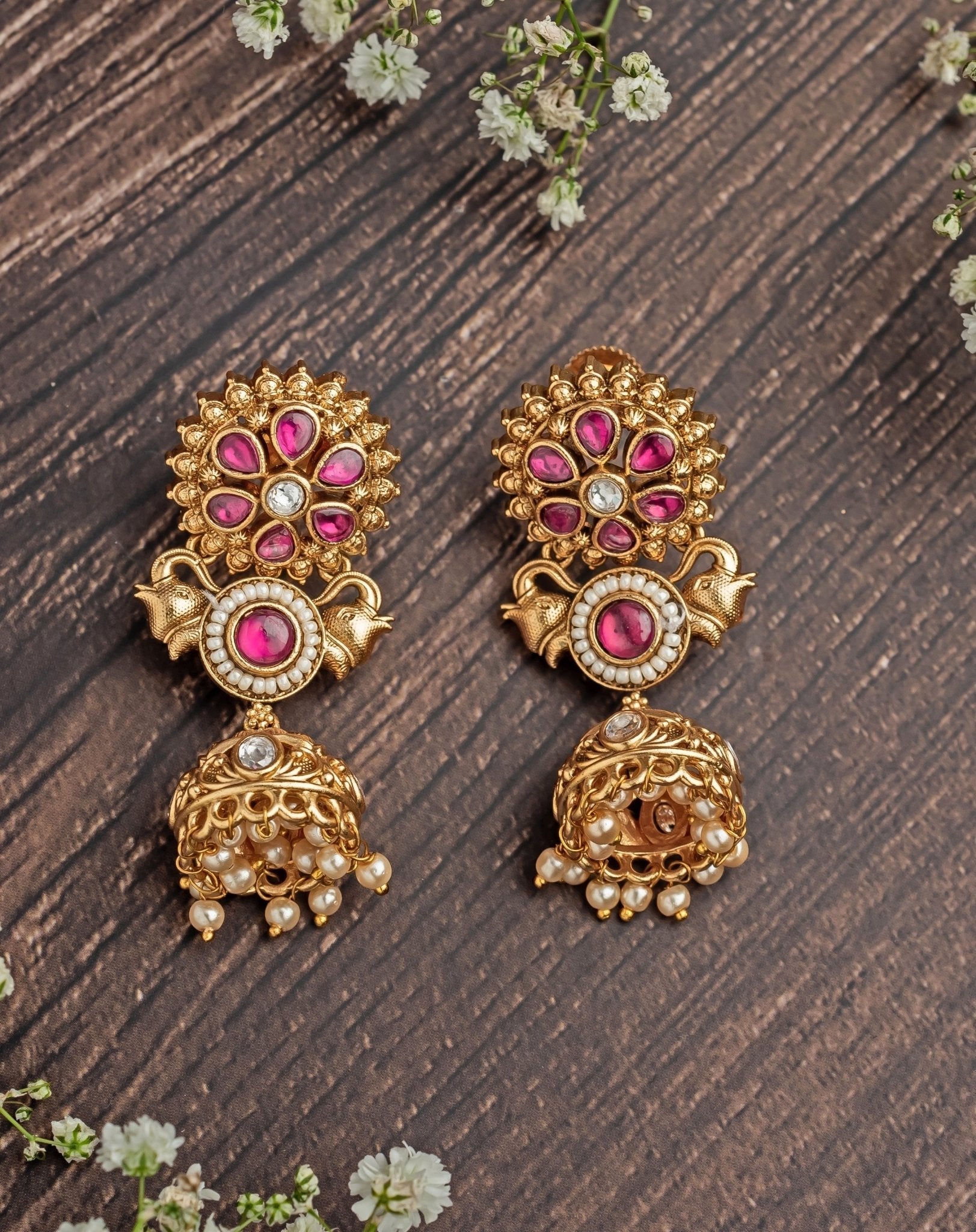 Vivinia by Vidhi Mehra Gold Plated Floral Pink Beaded Jhumka EarringsFabilicious Fashion