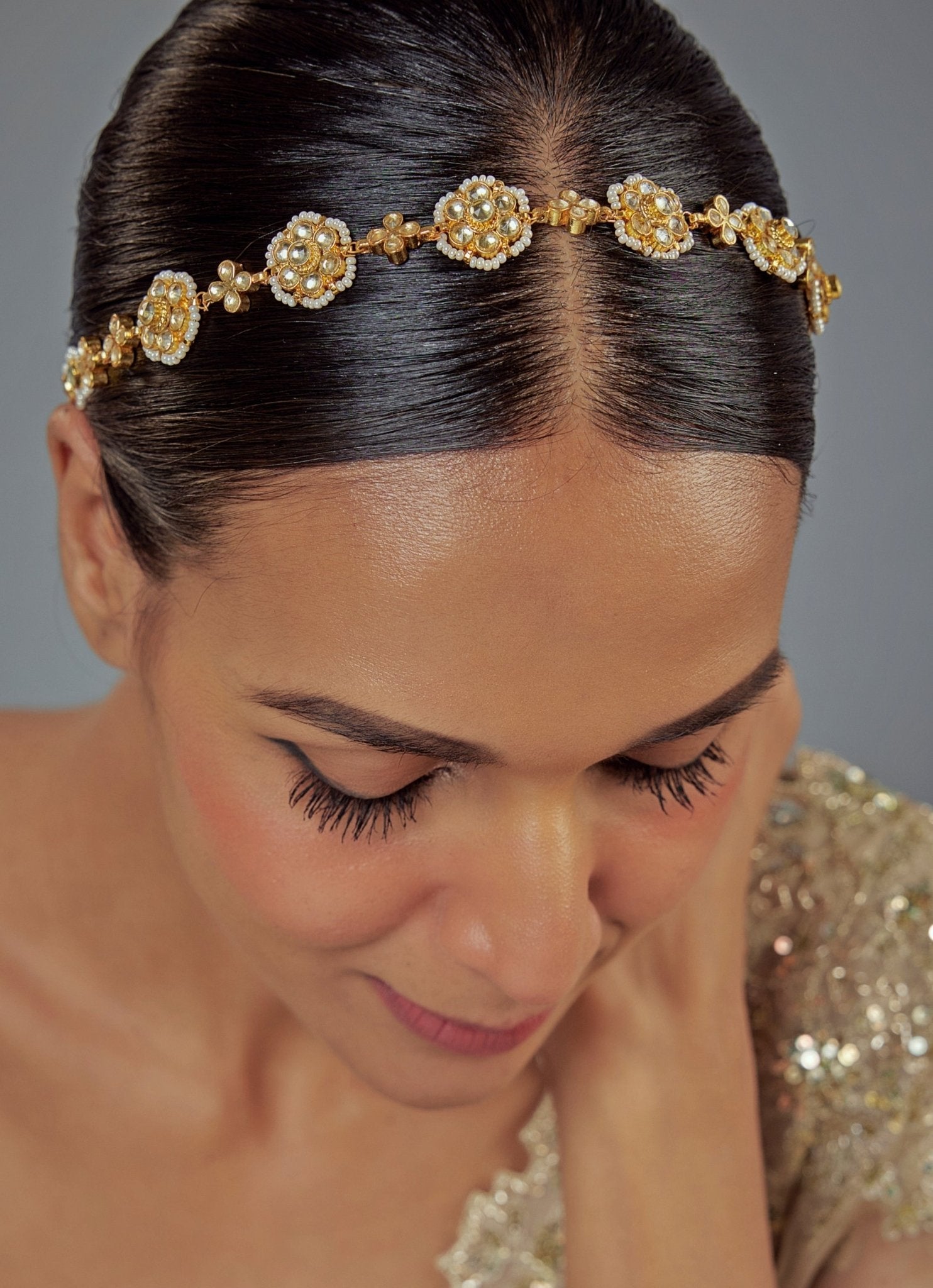 Vivinia by Vidhi Mehra Gold Plated Floral White Crystal And Kundan Matha PattiFabilicious Fashion
