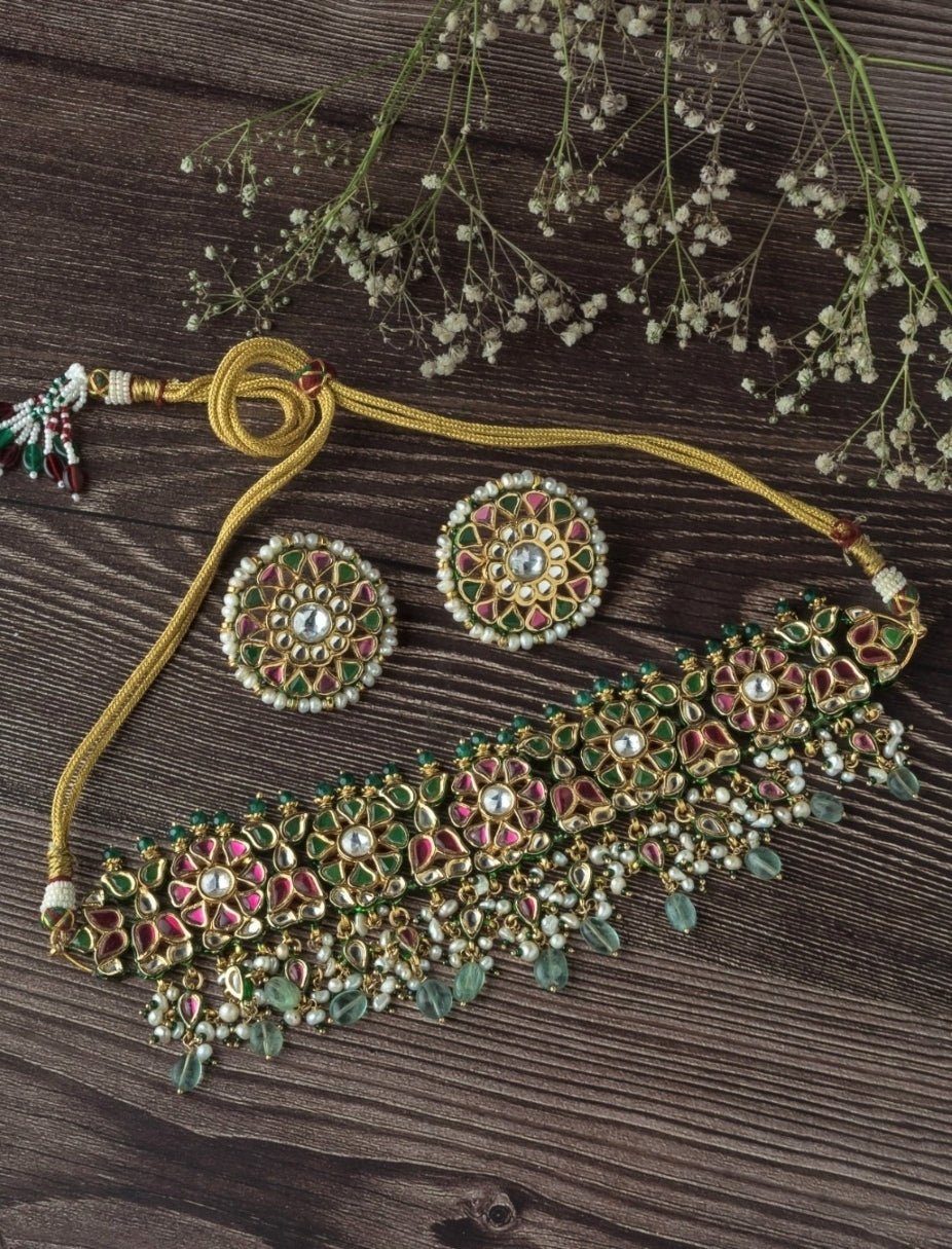 Vivinia by Vidhi Mehra Gold Plated Green And Pink Stone Choker Necklace SetFabilicious Fashion