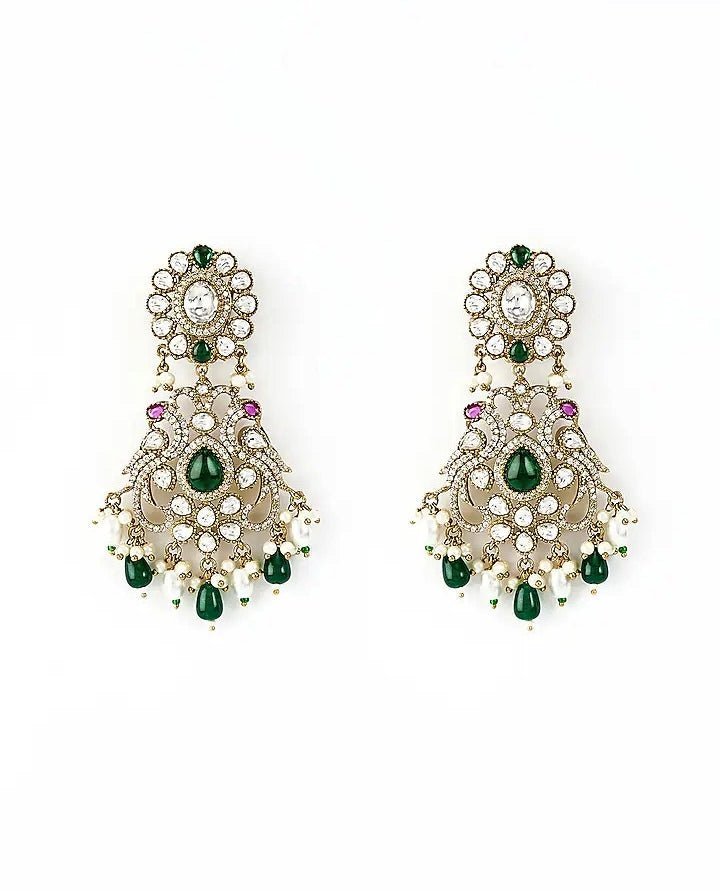 Vivinia by Vidhi Mehra Gold Plated Green And White Kundan Danglers EarringsFabilicious Fashion