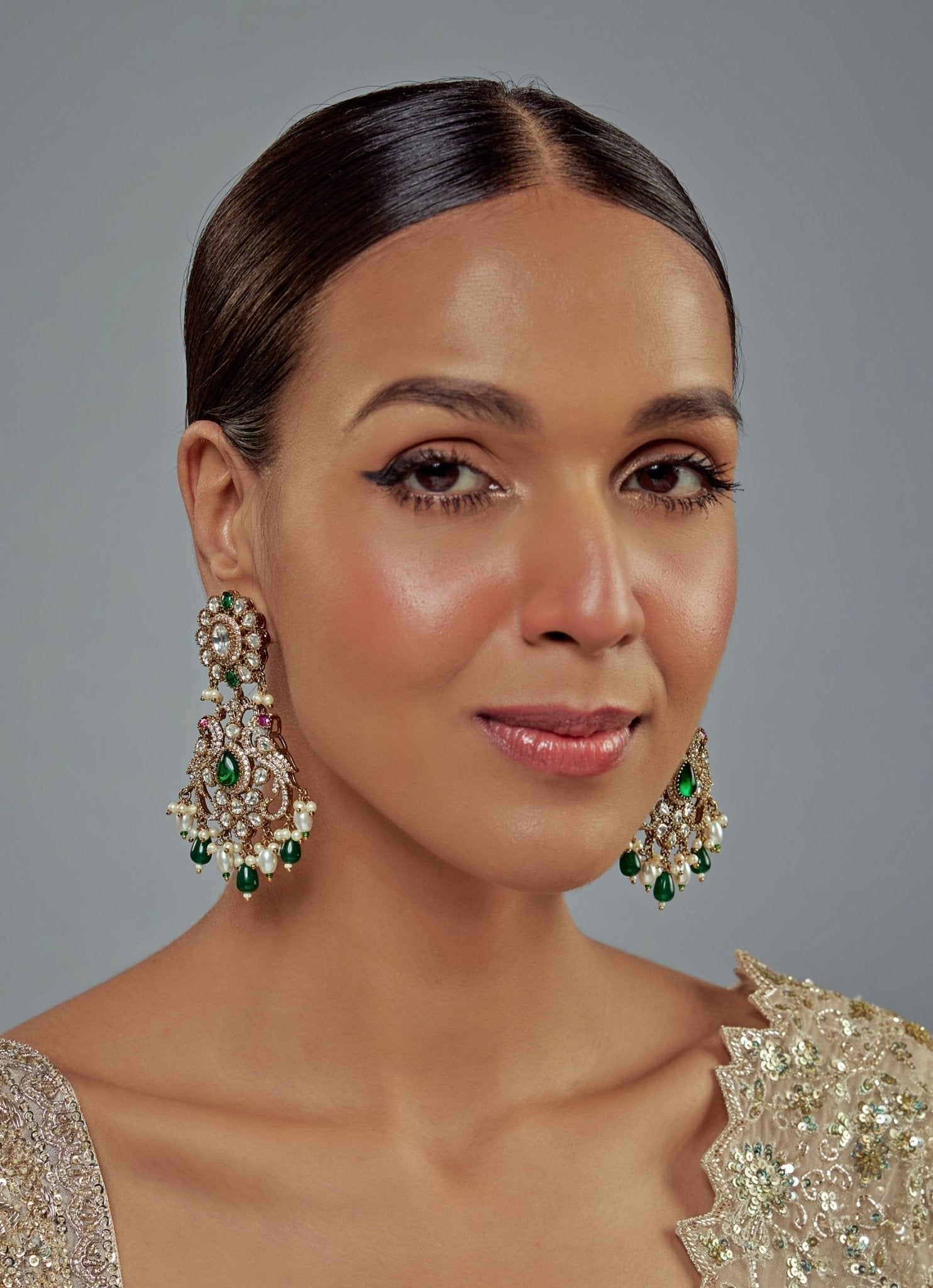 Vivinia by Vidhi Mehra Gold Plated Green And White Kundan Danglers EarringsFabilicious Fashion