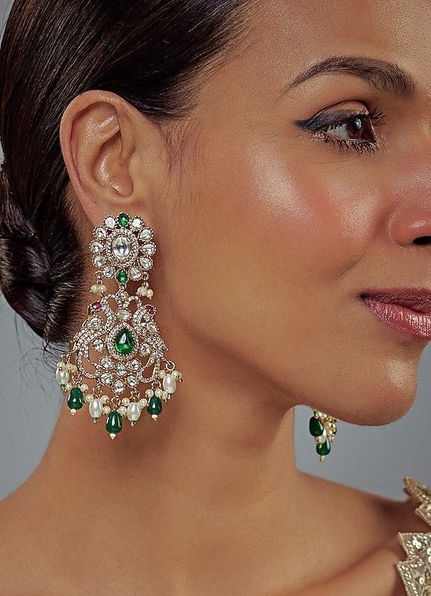 Vivinia by Vidhi Mehra Gold Plated Green And White Kundan Danglers EarringsFabilicious Fashion