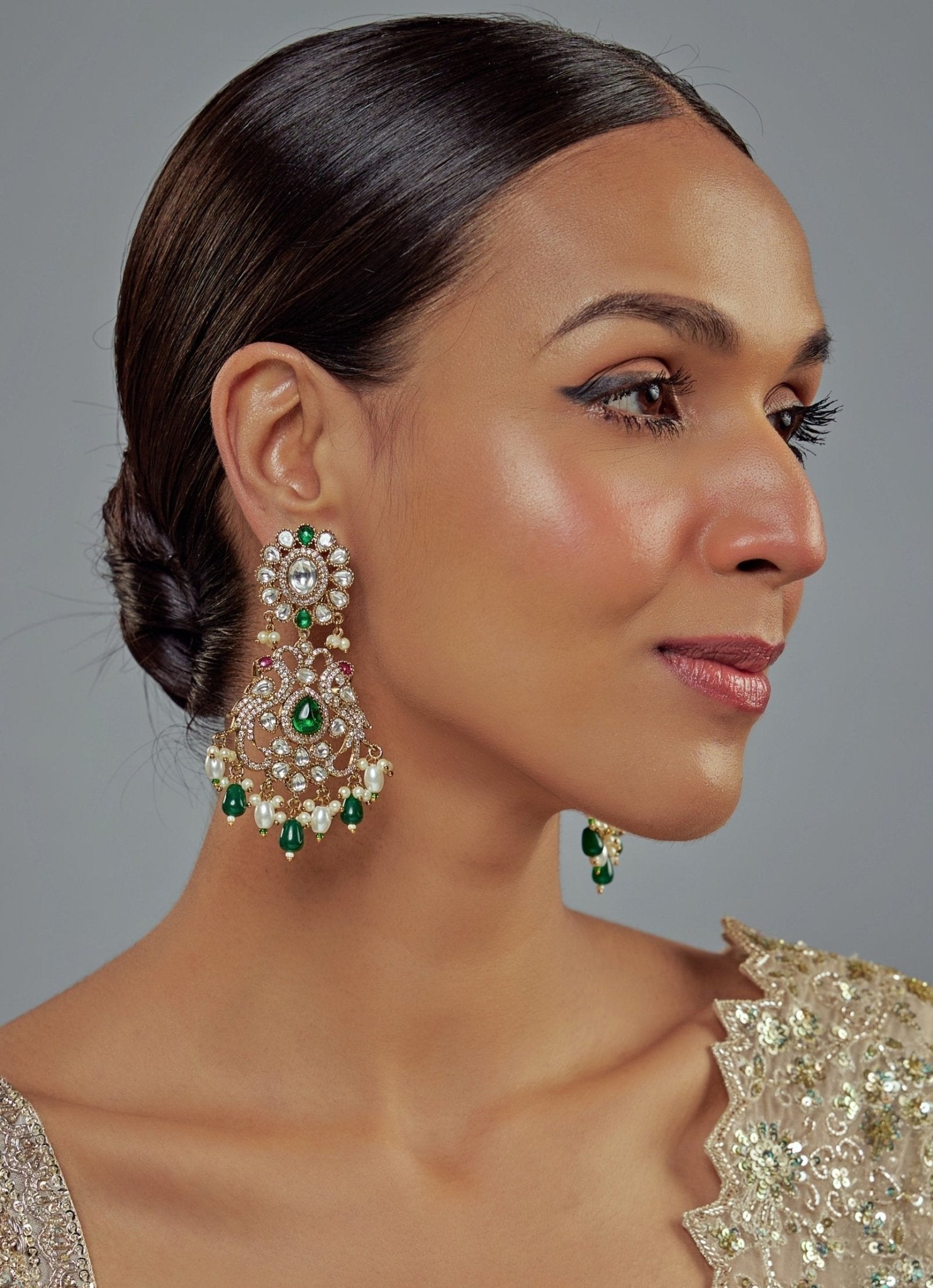 Vivinia by Vidhi Mehra Gold Plated Green And White Kundan Danglers EarringsFabilicious Fashion