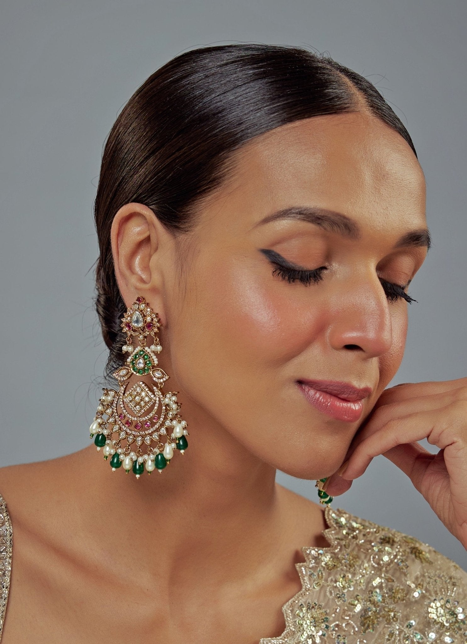 Vivinia by Vidhi Mehra Gold Plated Green Beaded Kundan Chandbali EarringsFabilicious Fashion