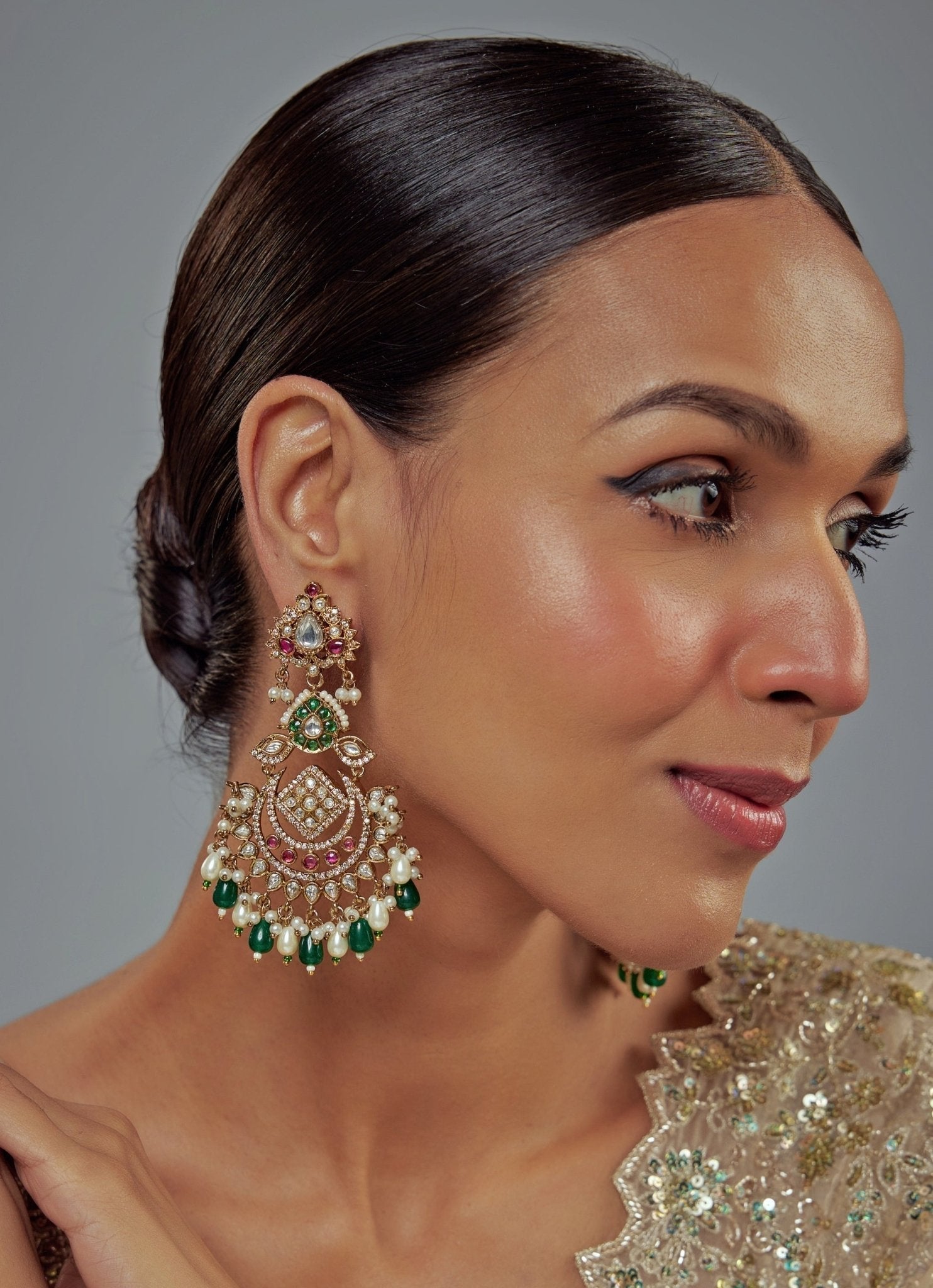Vivinia by Vidhi Mehra Gold Plated Green Beaded Kundan Chandbali EarringsFabilicious Fashion
