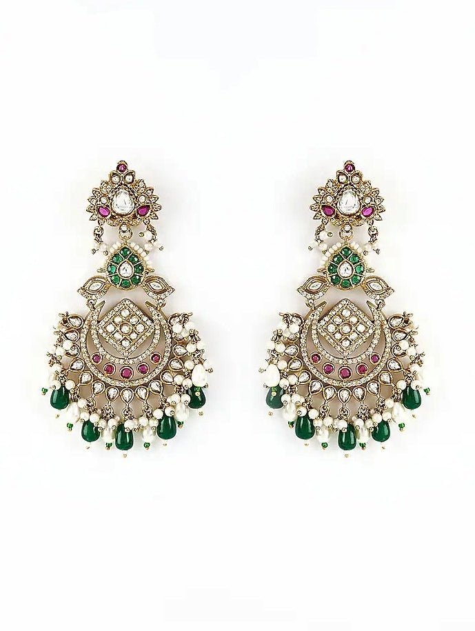 Vivinia by Vidhi Mehra Gold Plated Green Beaded Kundan Chandbali EarringsFabilicious Fashion