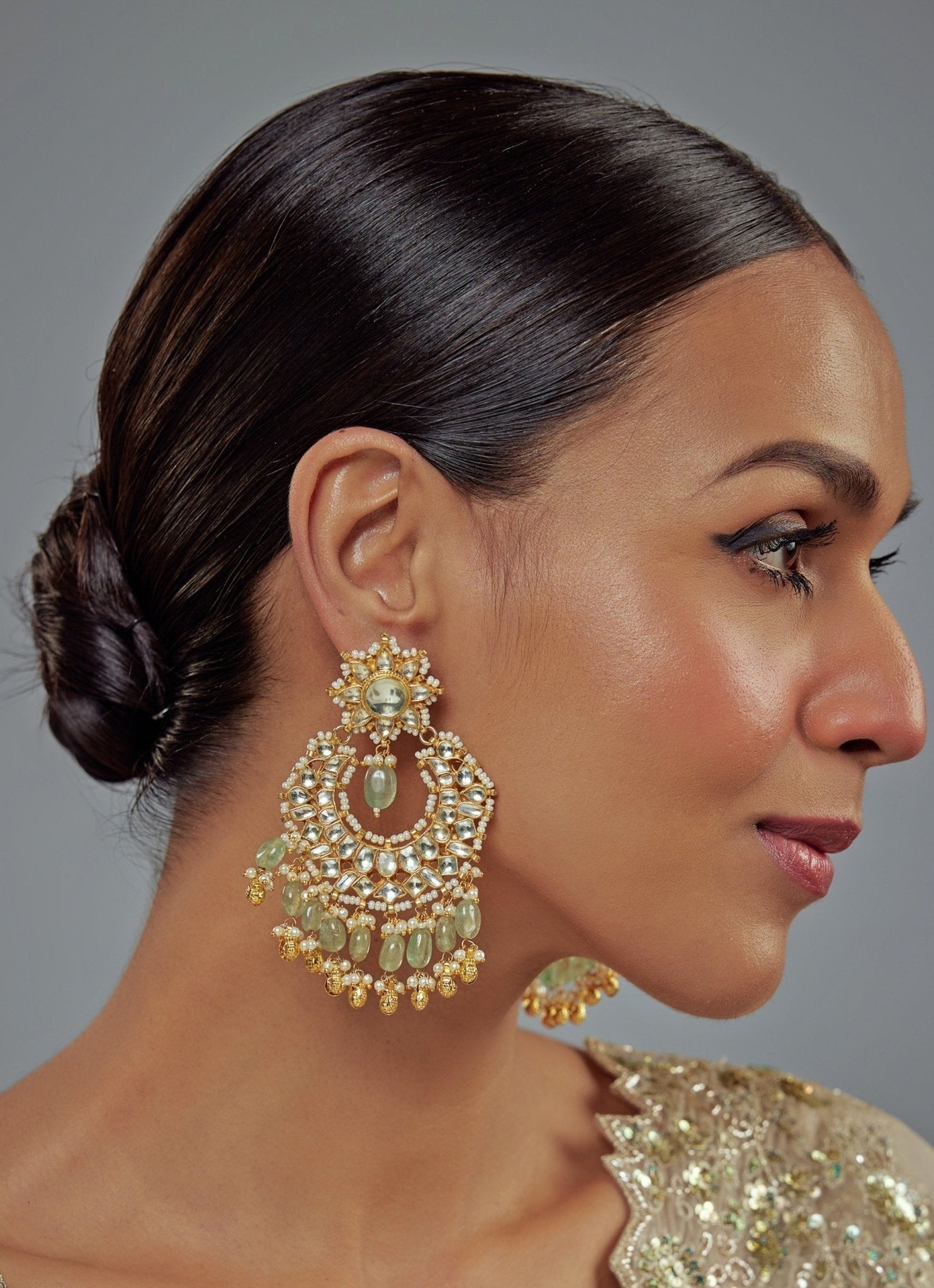 Vivinia by Vidhi Mehra Gold Plated Green Kundan And Pearl Chandbali EarringsFabilicious Fashion