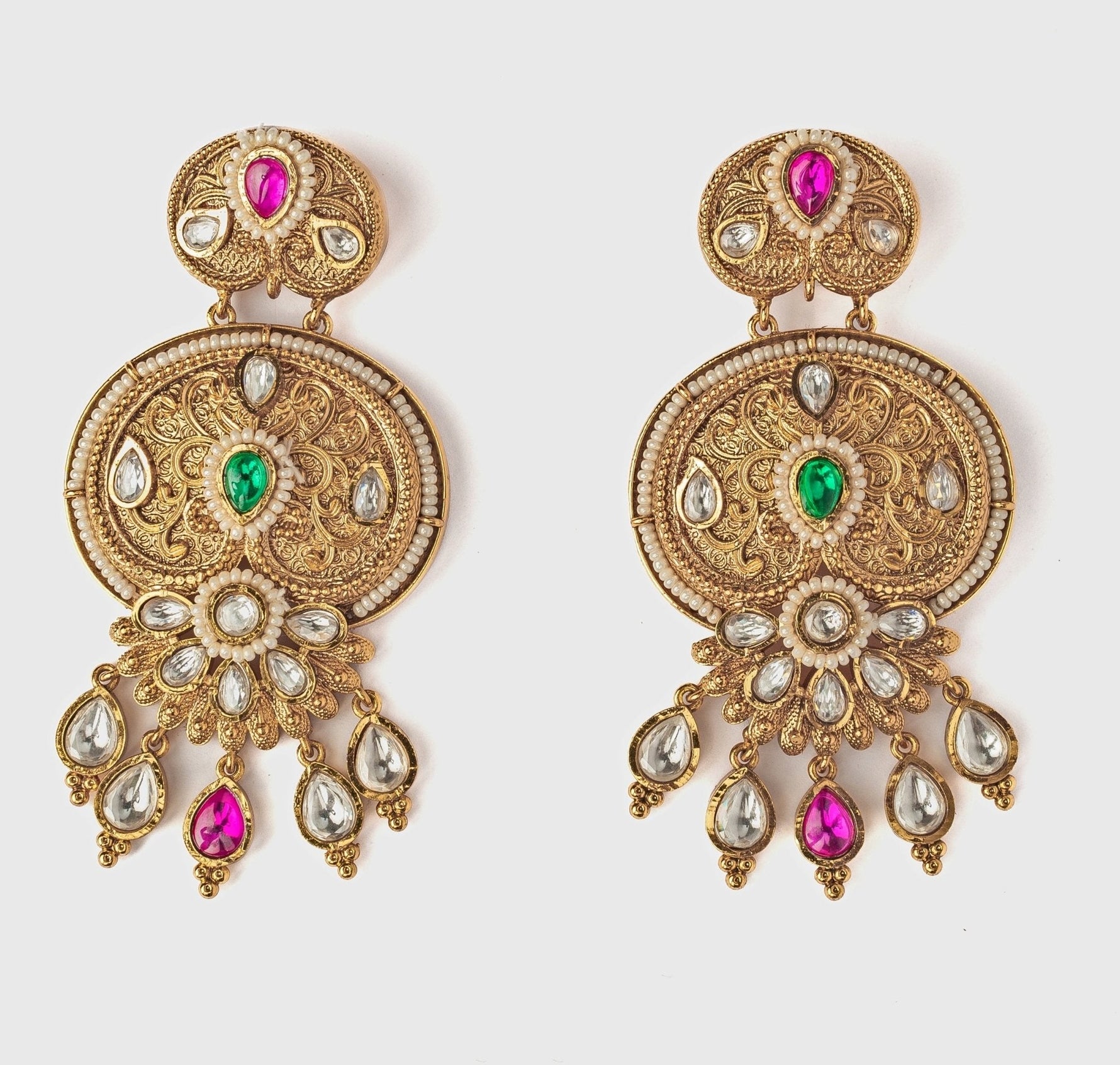 Vivinia by Vidhi Mehra Gold Plated Pink And Green Beaded Chandbali EarringsFabilicious Fashion