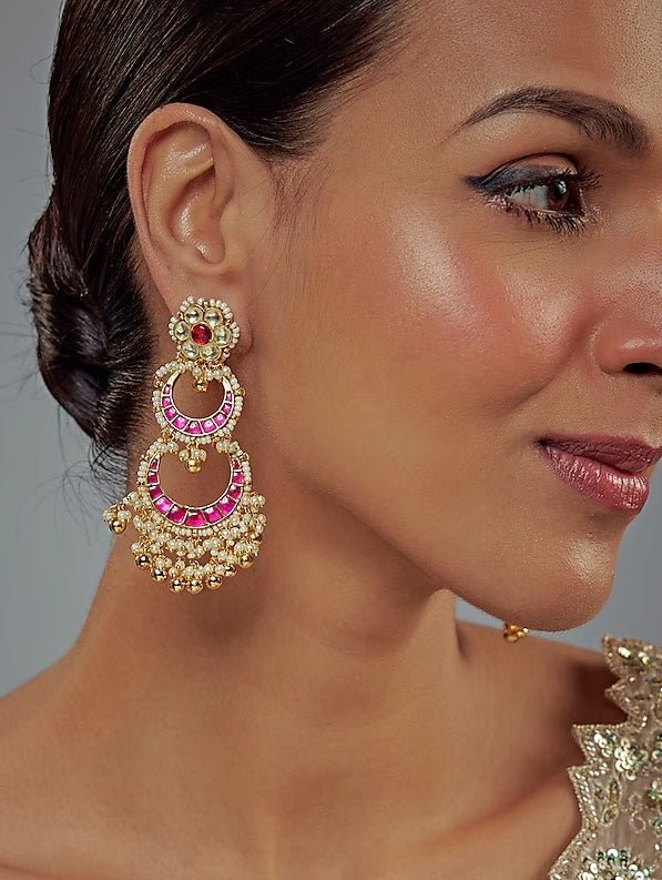 Vivinia by Vidhi Mehra Gold Plated Pink Beaded Kundan Chandbali EarringsFabilicious Fashion