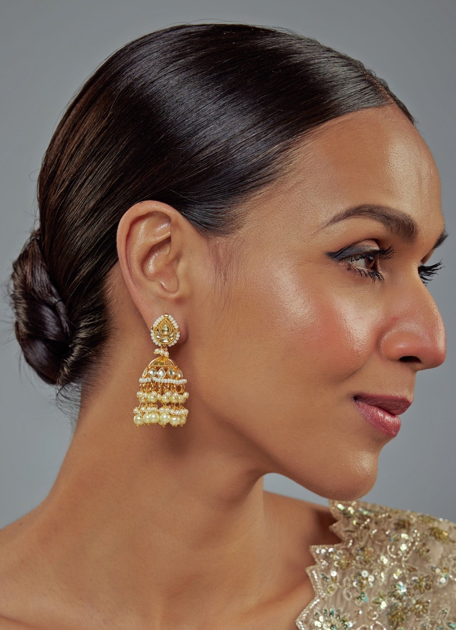 Vivinia by Vidhi Mehra Gold Plated White Kundan And Polki Jhumkas EarringsFabilicious Fashion