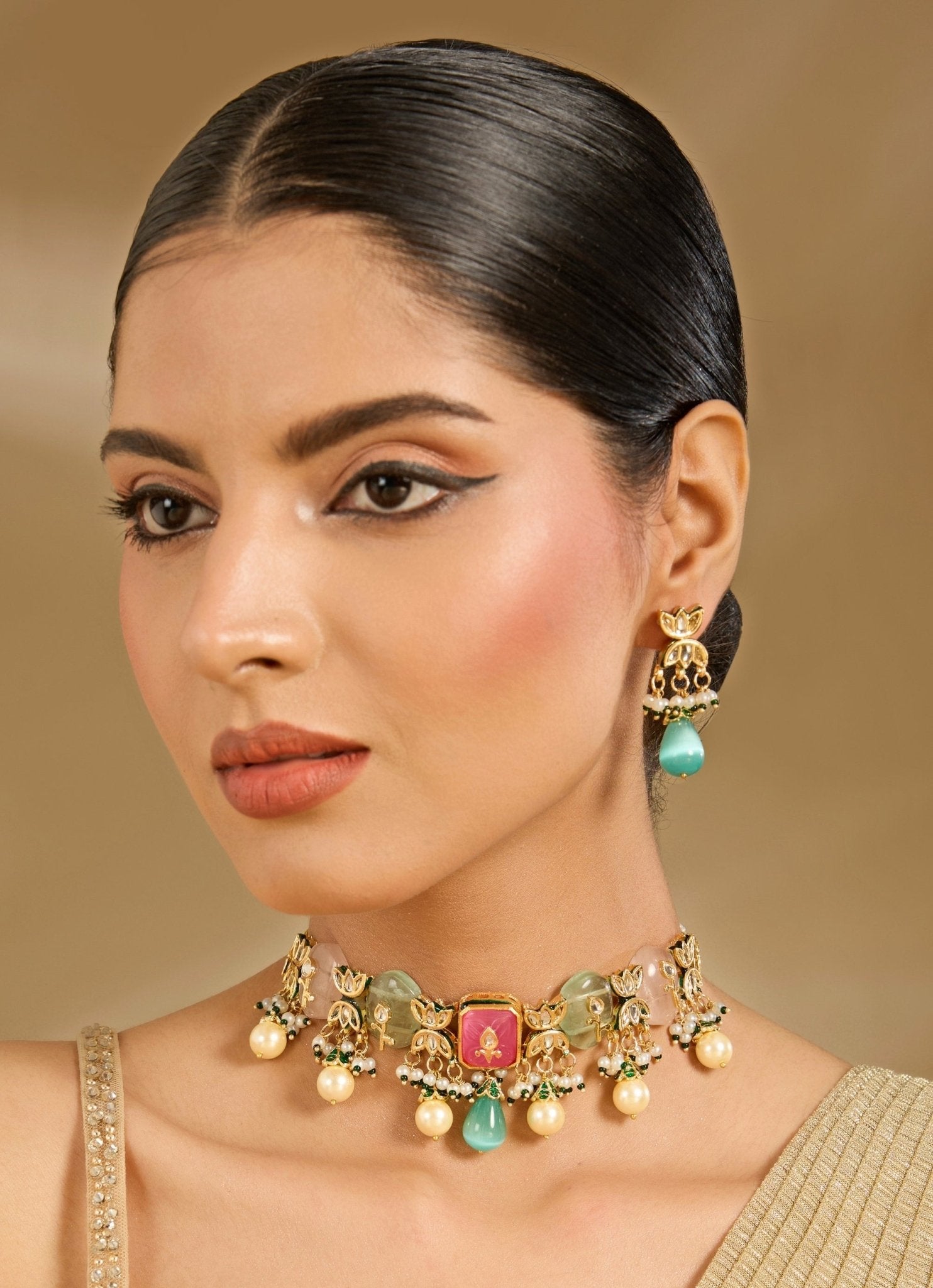 Vivinia by Vidhi Mehra Gold Tone Multicolor Stone Choker Necklace SetFabilicious Fashion
