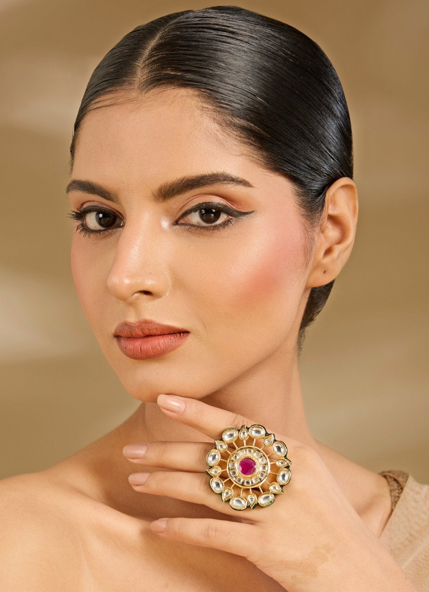 Vivinia by Vidhi Mehra Gold Tone Statement Ring With Red Stone And KundanFabilicious Fashion