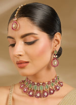 Vivinia by Vidhi Mehra Green And Pink Stone Gold Plated Choker Necklace SetFabilicious Fashion