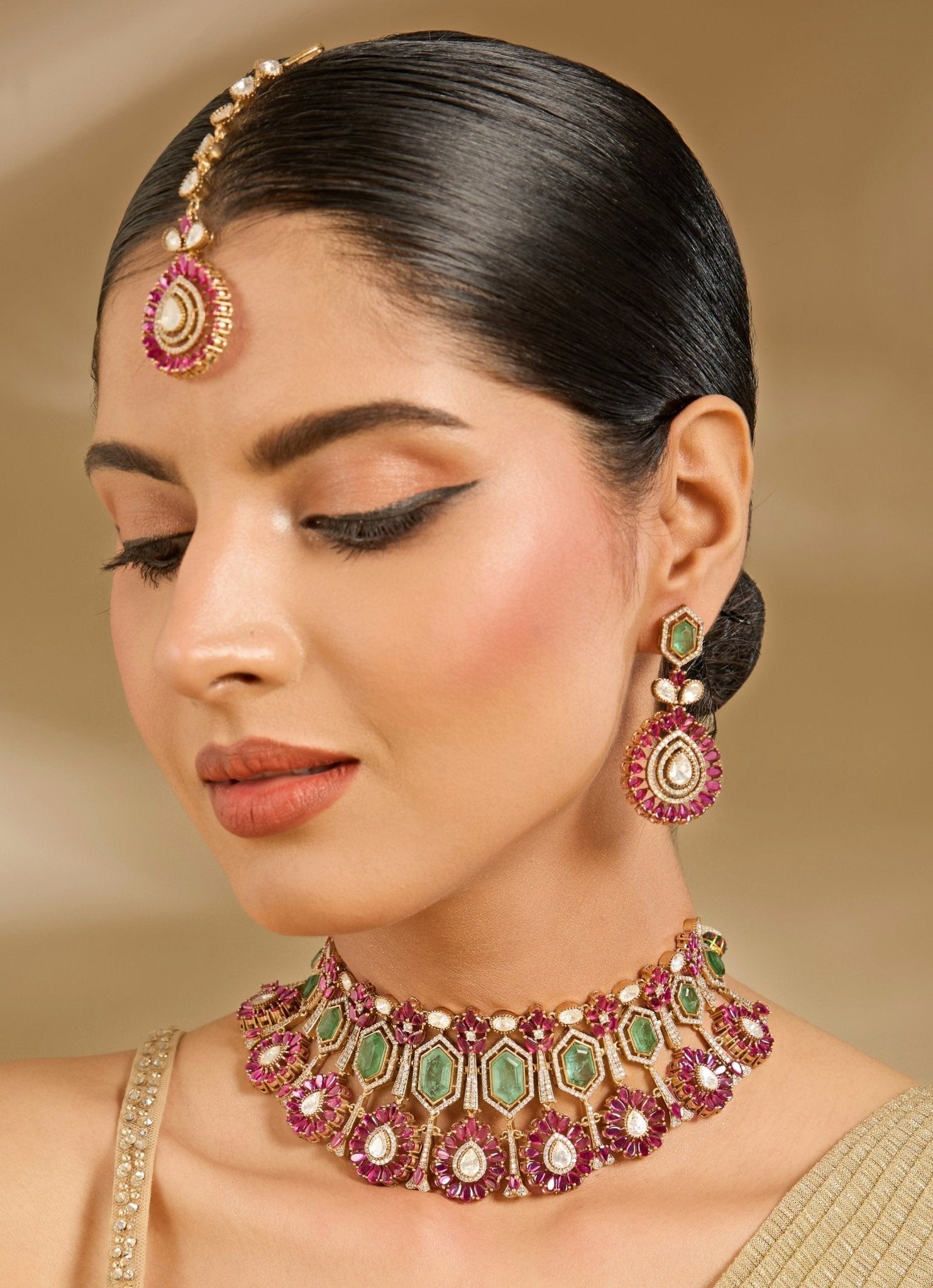 Vivinia by Vidhi Mehra Green And Pink Stone Gold Plated Choker Necklace SetFabilicious Fashion