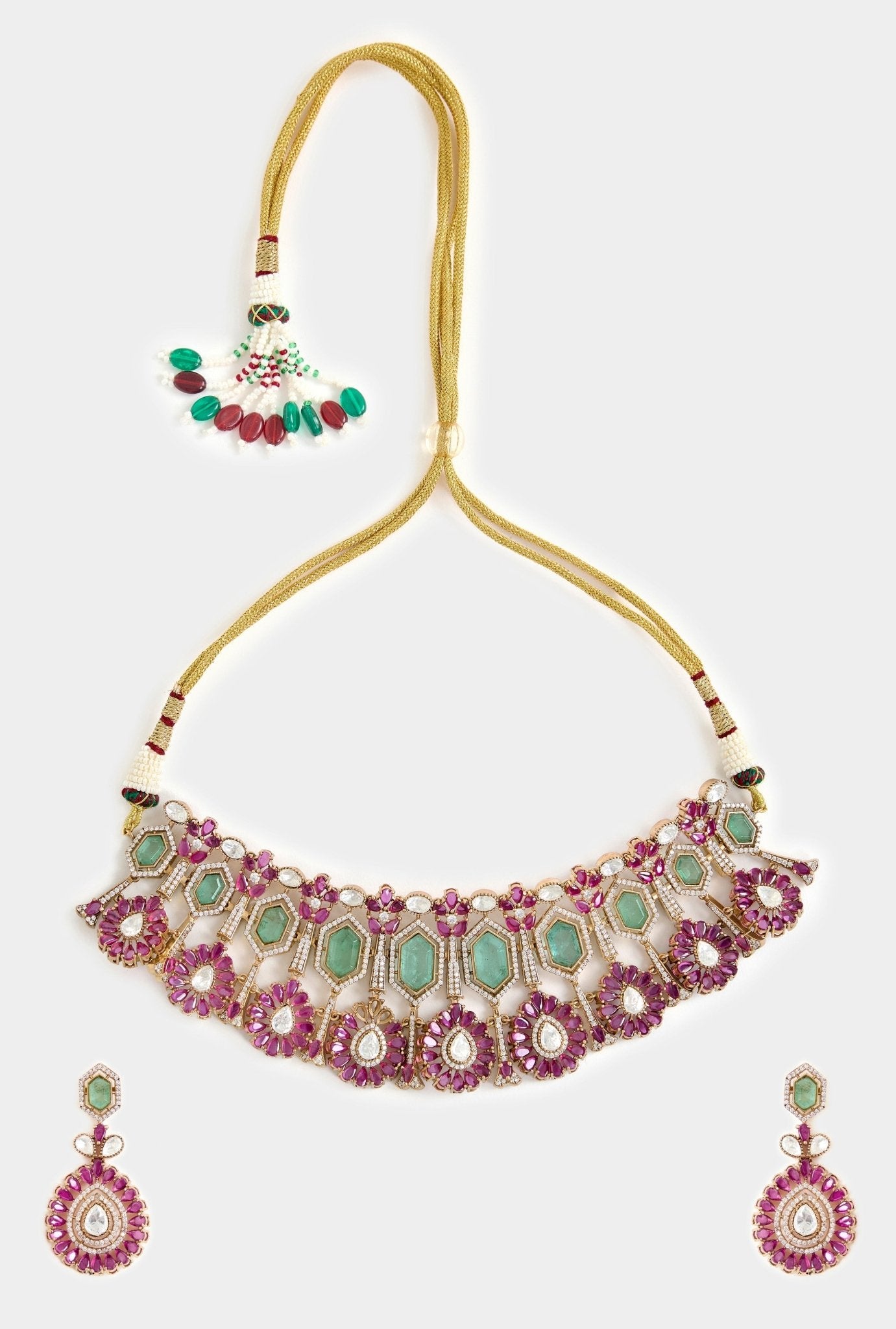 Vivinia by Vidhi Mehra Green And Pink Stone Gold Plated Choker Necklace SetFabilicious Fashion