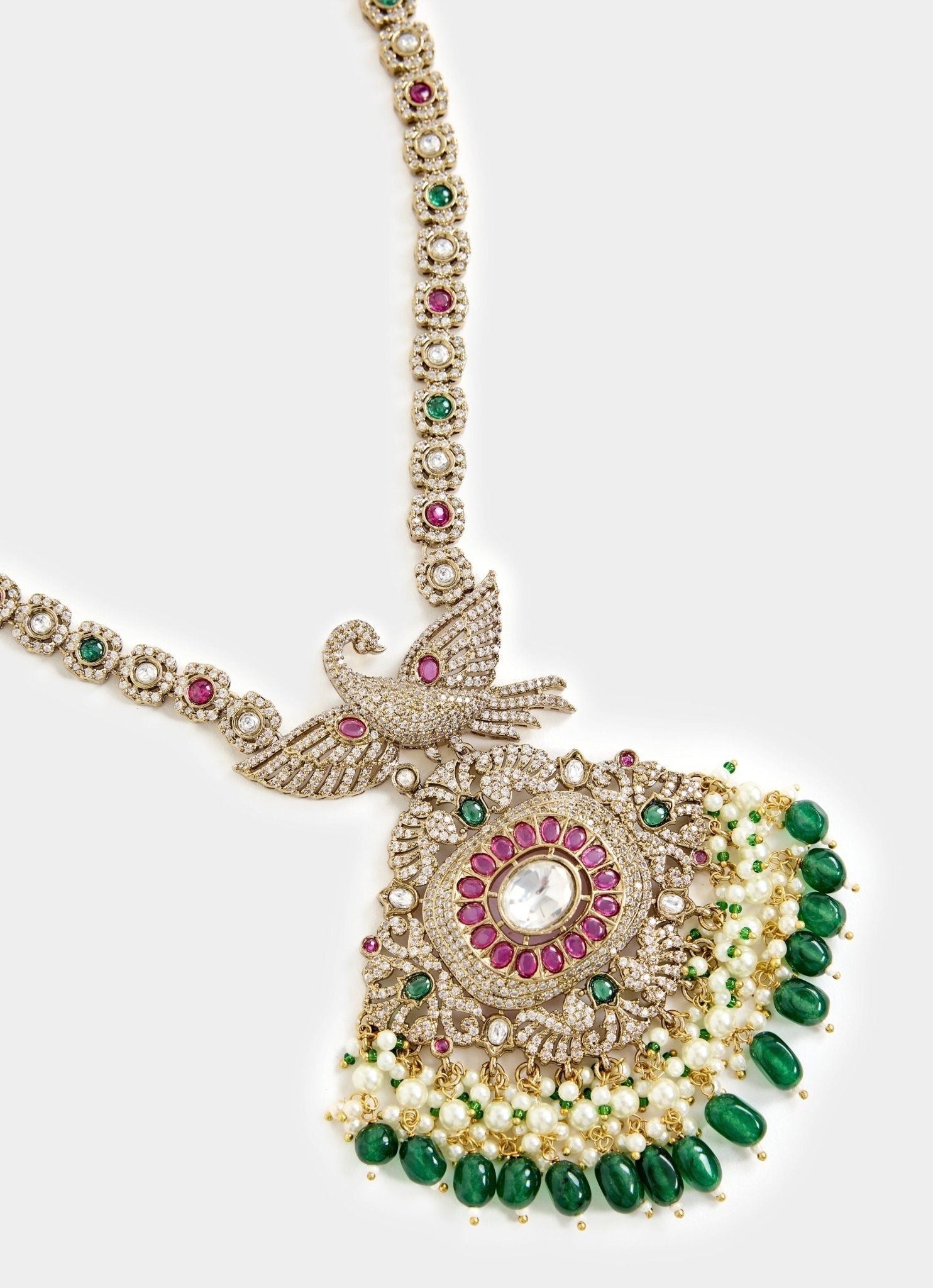 Vivinia by Vidhi Mehra Green And White Stone Gold Plated Long Necklace SetFabilicious Fashion