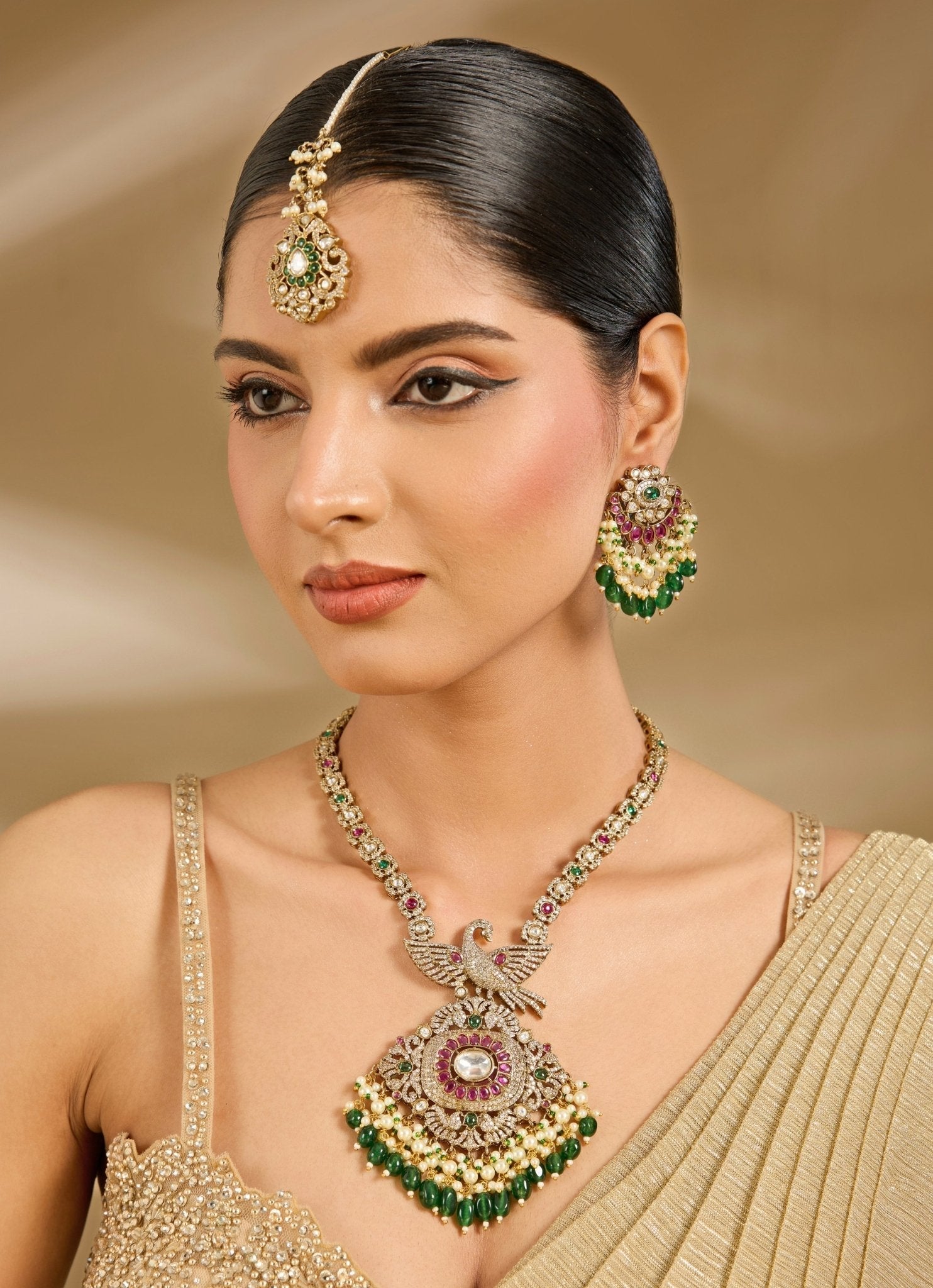 Vivinia by Vidhi Mehra Green And White Stone Gold Plated Long Necklace SetFabilicious Fashion