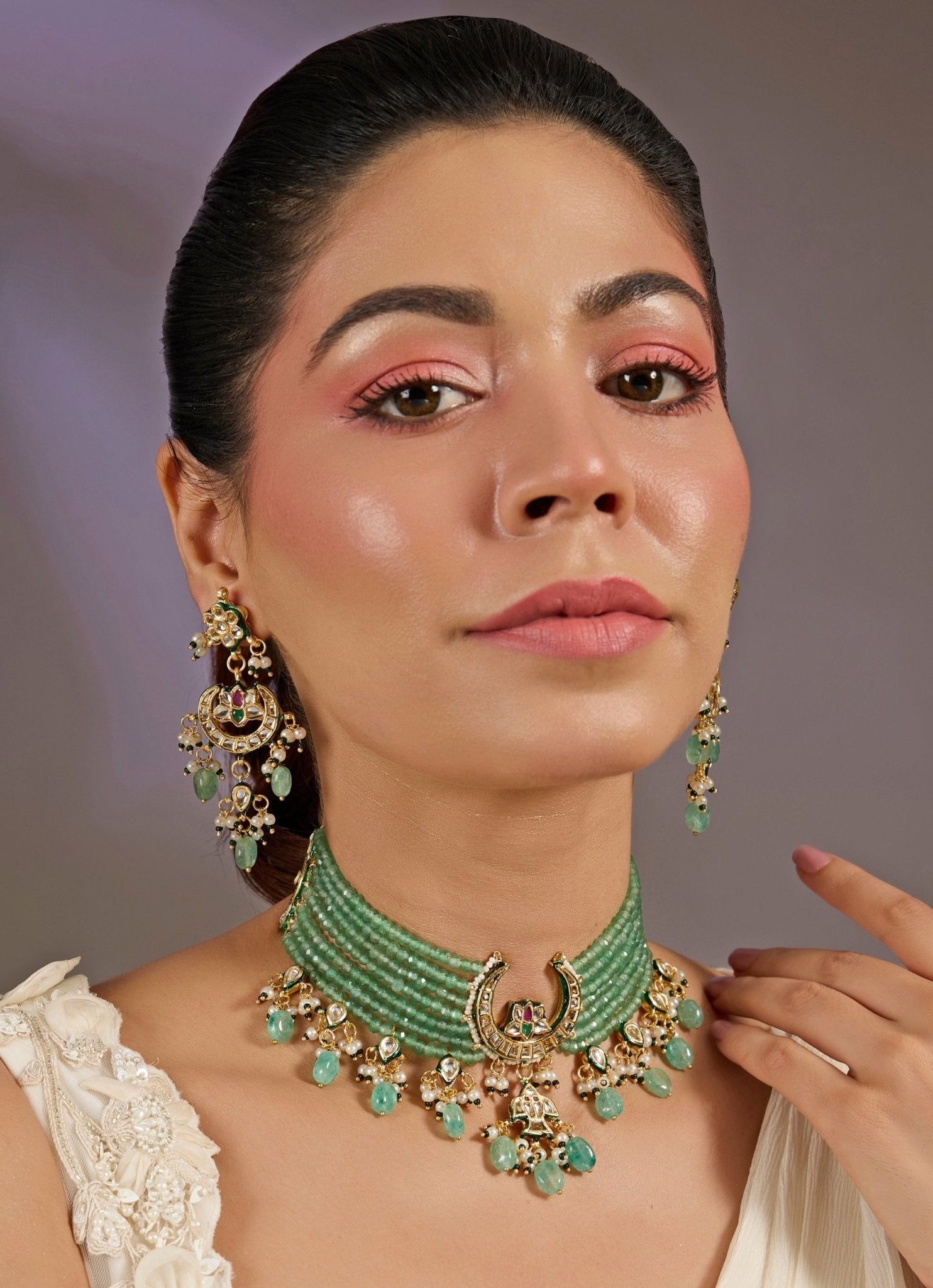 Vivinia by Vidhi Mehra Green Beaded Kundan Choker Necklace SetFabilicious Fashion