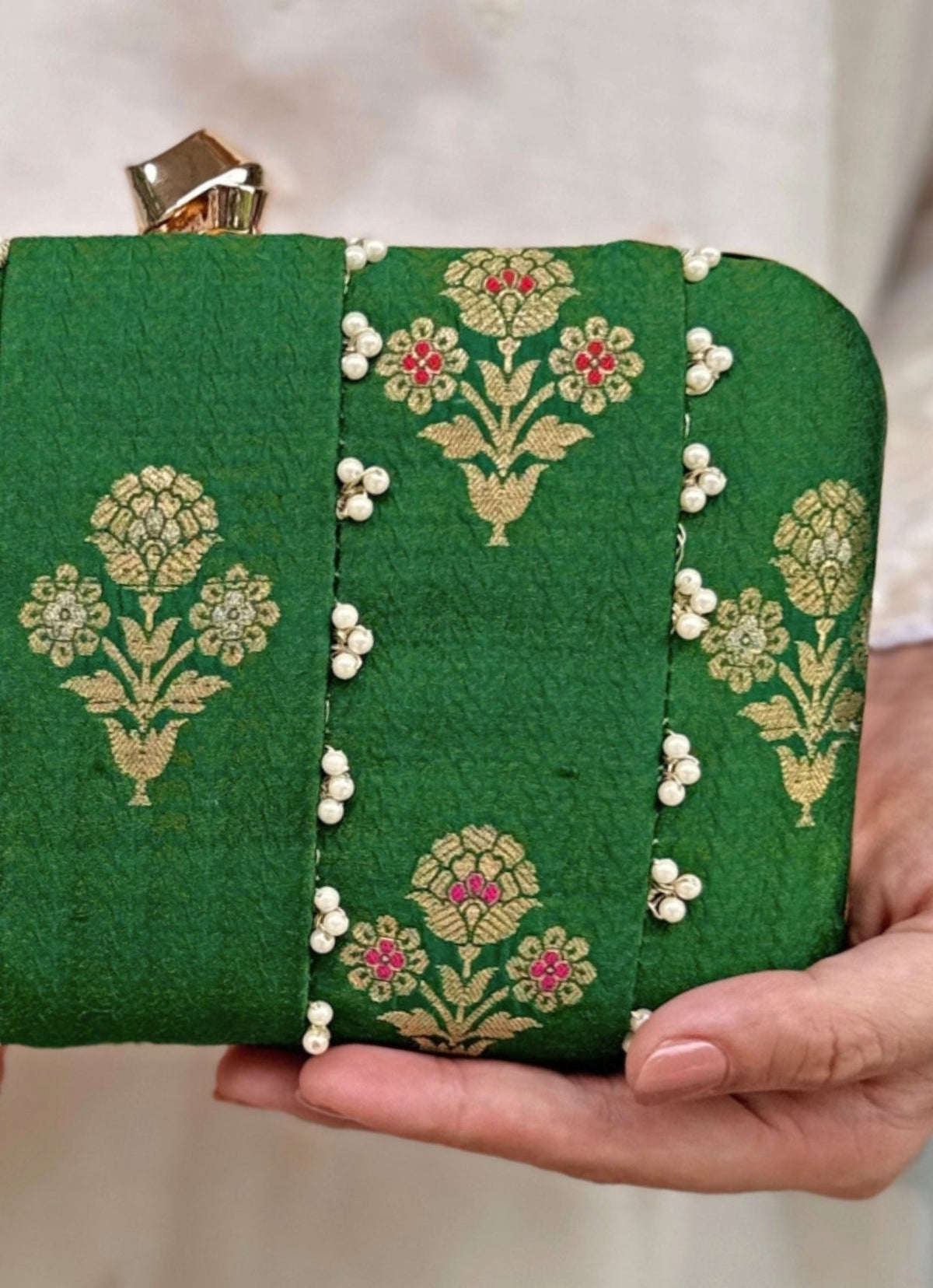 Amyra Green Embroidered Pure Silk ClutchShop Jashn