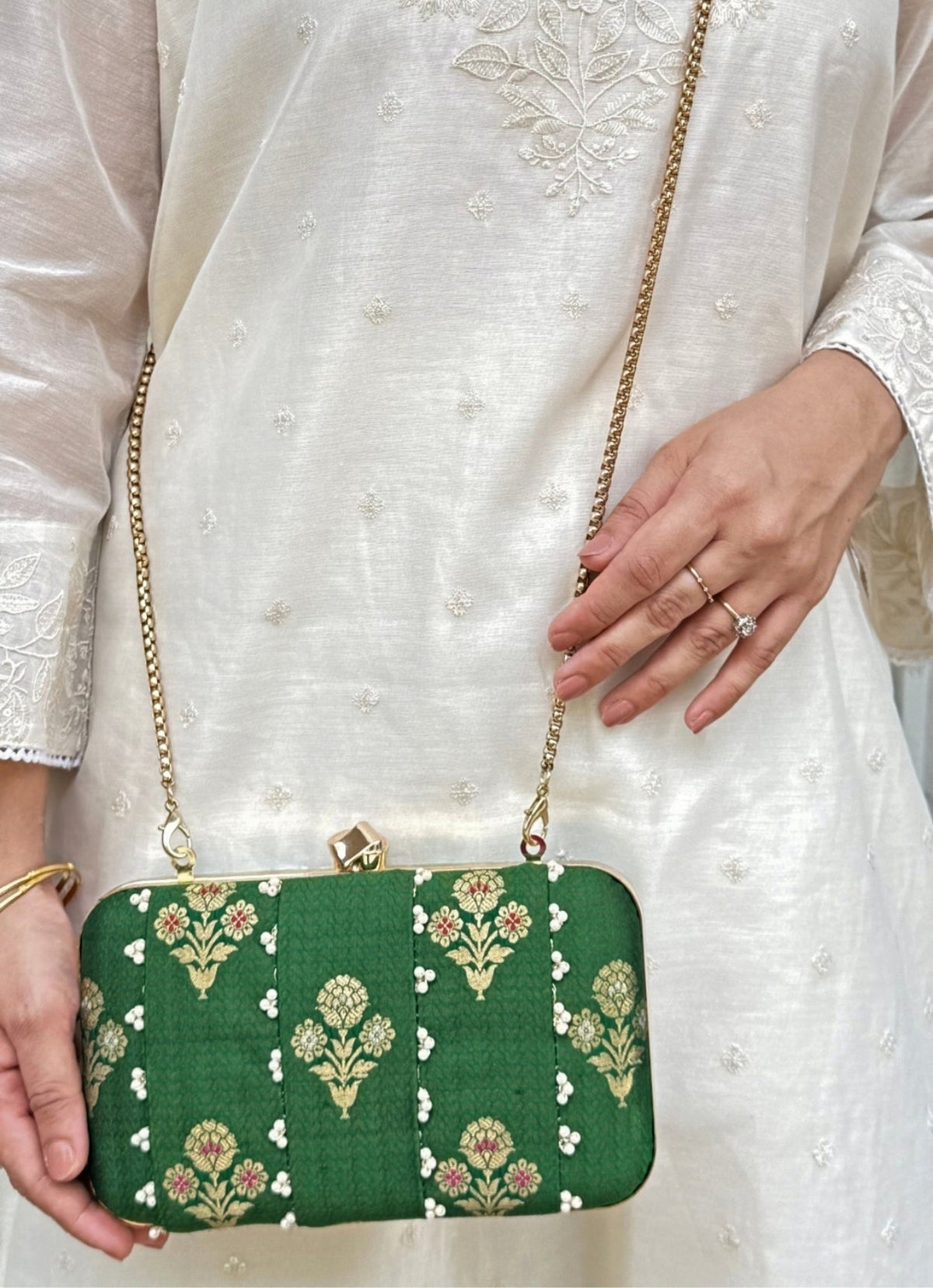 Amyra Green Embroidered Pure Silk ClutchShop Jashn
